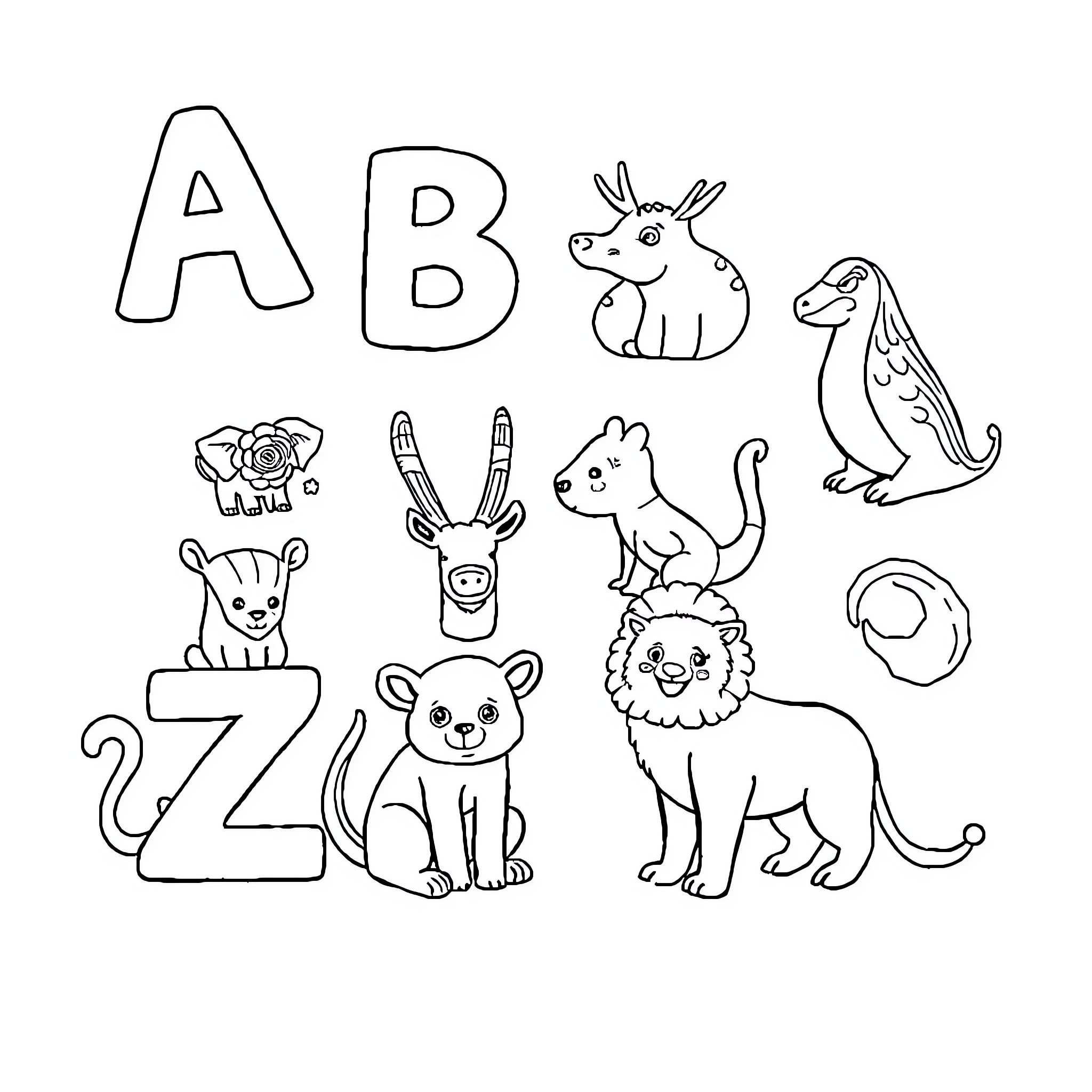 Animal alphabet with cute cartoon animals Coloring Page (free black-and-white line drawing printable PDF for all, from beginners to advanced learners, including children, teens, adults, and seniors)