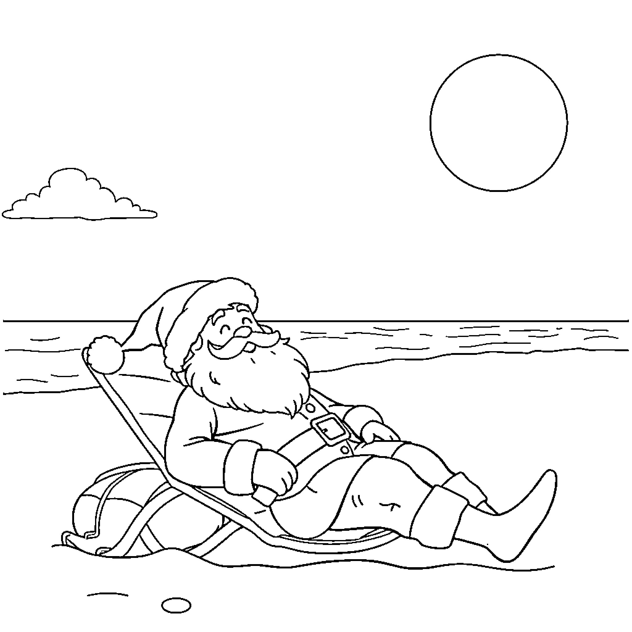 Santa Claus relaxing on the beach Coloring Page (free black-and-white line drawing printable PDF for all, from beginners to advanced learners, including children, teens, adults, and seniors)