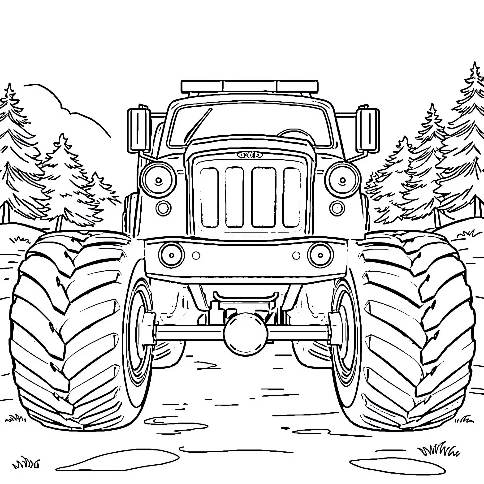 Firetruck racing through rugged terrain Coloring Page (free black-and-white line drawing printable PDF for all, from beginners to advanced learners, including children, teens, adults, and seniors)