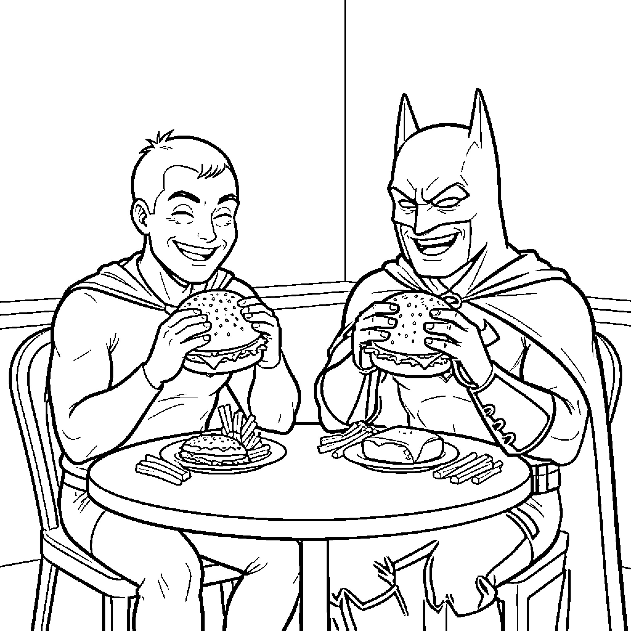 Robin and Batman enjoying large burgers at a table Coloring Page (free black-and-white line drawing printable PDF for all, from beginners to advanced learners, including children, teens, adults, and seniors)