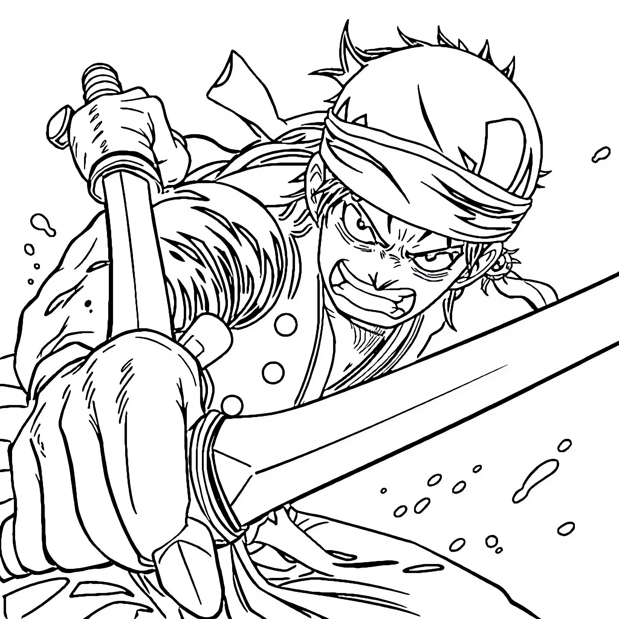 Zoro in action-packed swordsmanship display Coloring Page (free black-and-white line drawing printable PDF for all, from beginners to advanced learners, including children, teens, adults, and seniors)
