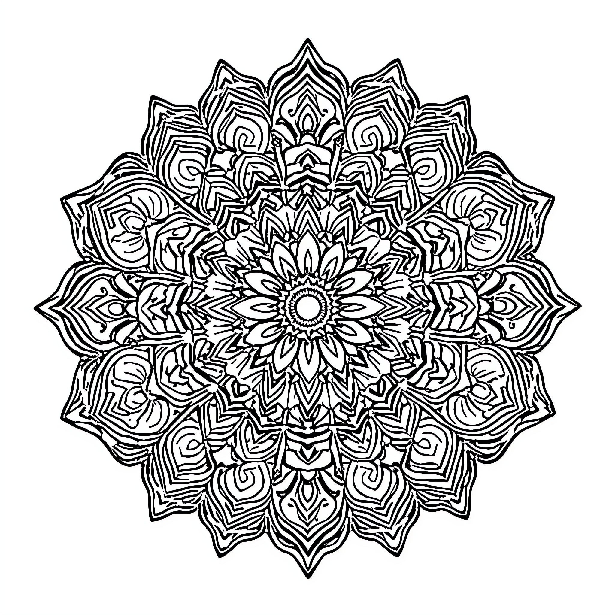 Mandala with intricate floral patterns Coloring Page (free black-and-white line drawing printable PDF for all, from beginners to advanced learners, including children, teens, adults, and seniors)