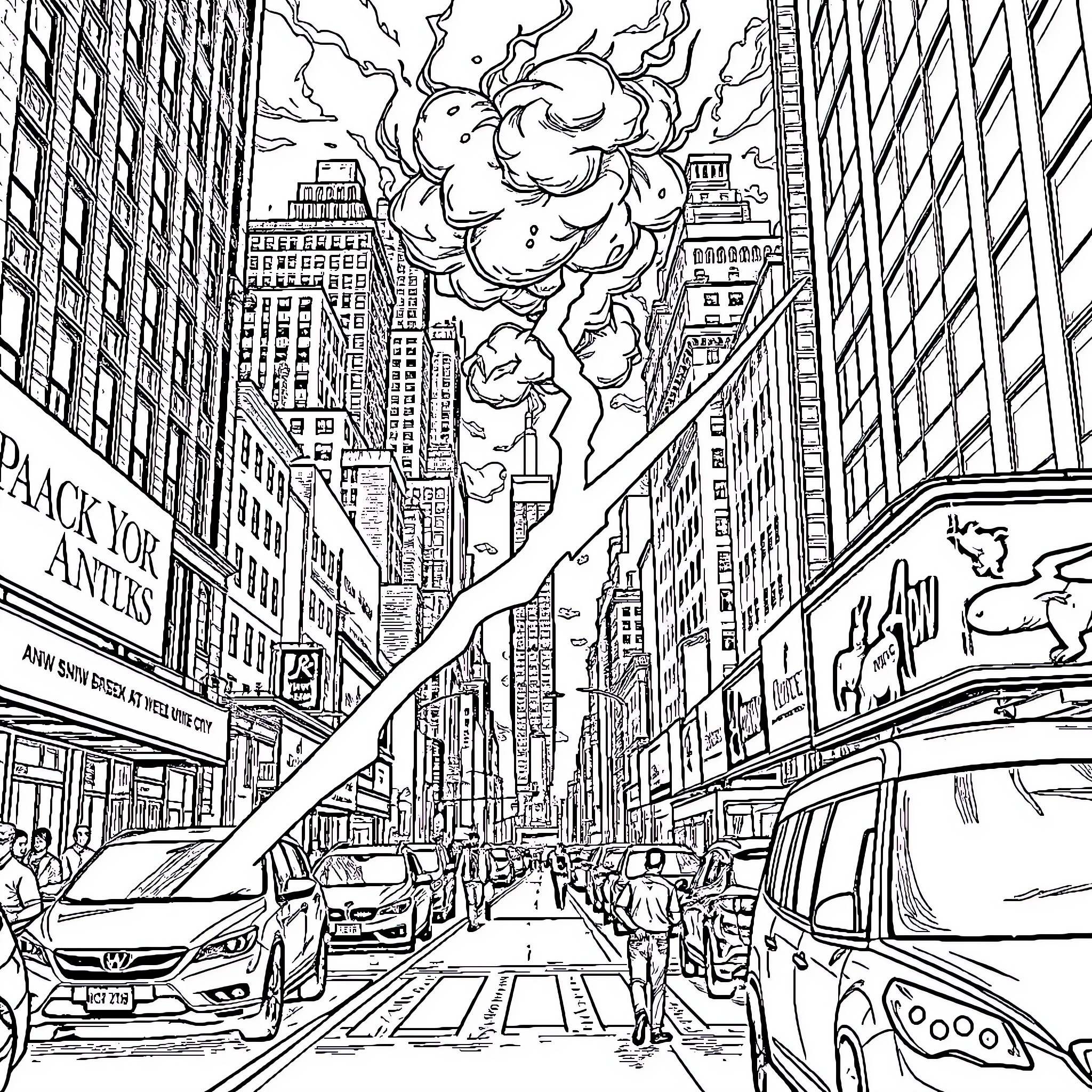 Thunderbolt over the bustling city streets Coloring Page (free black-and-white line drawing printable PDF for all, from beginners to advanced learners, including children, teens, adults, and seniors)