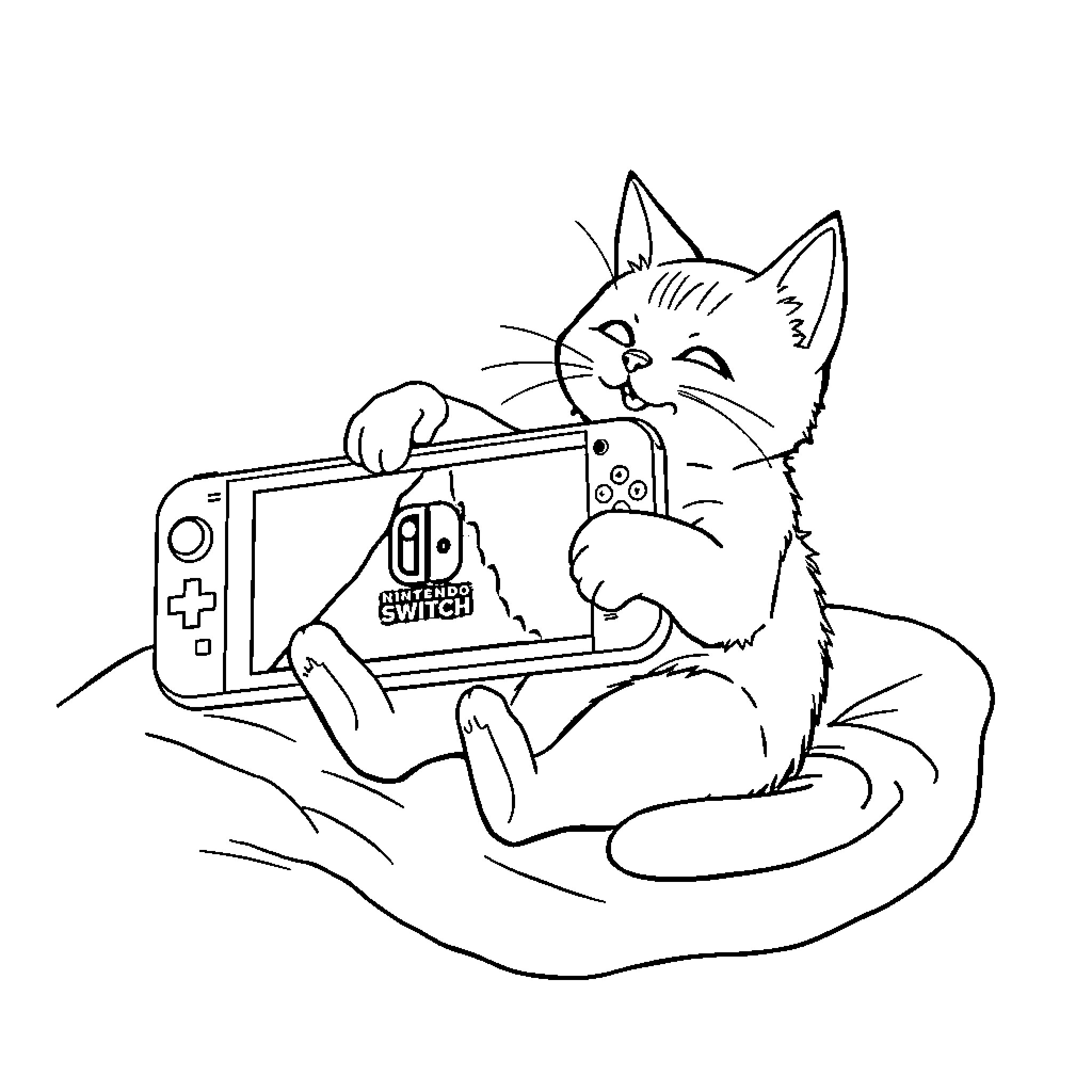 Cat playing with a handheld game console Coloring Page (free black-and-white line drawing printable PDF for all, from beginners to advanced learners, including children, teens, adults, and seniors)