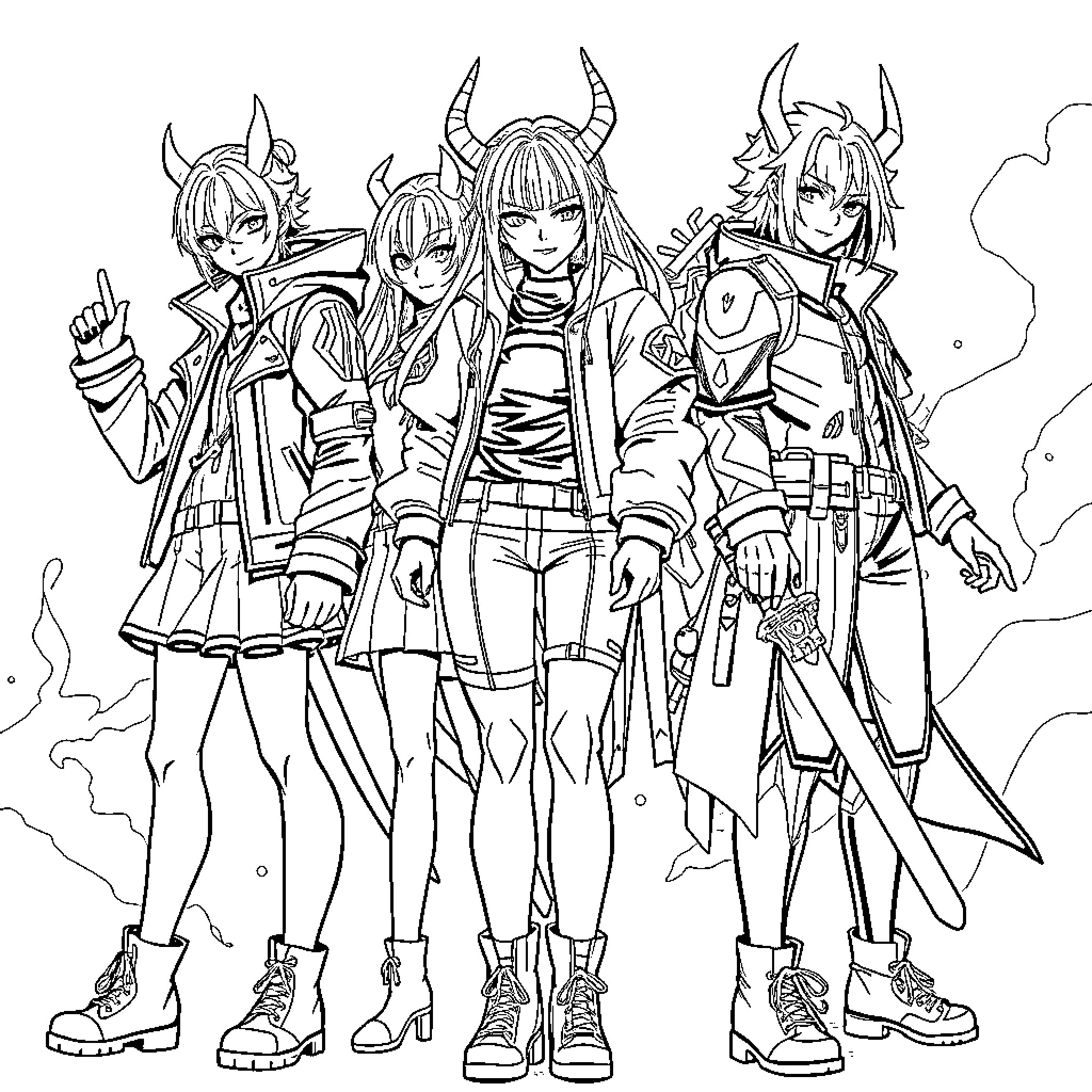 Demonhunters Assemble in Heroic Attire Coloring Page (free black-and-white line drawing printable PDF for all, from beginners to advanced learners, including children, teens, adults, and seniors)