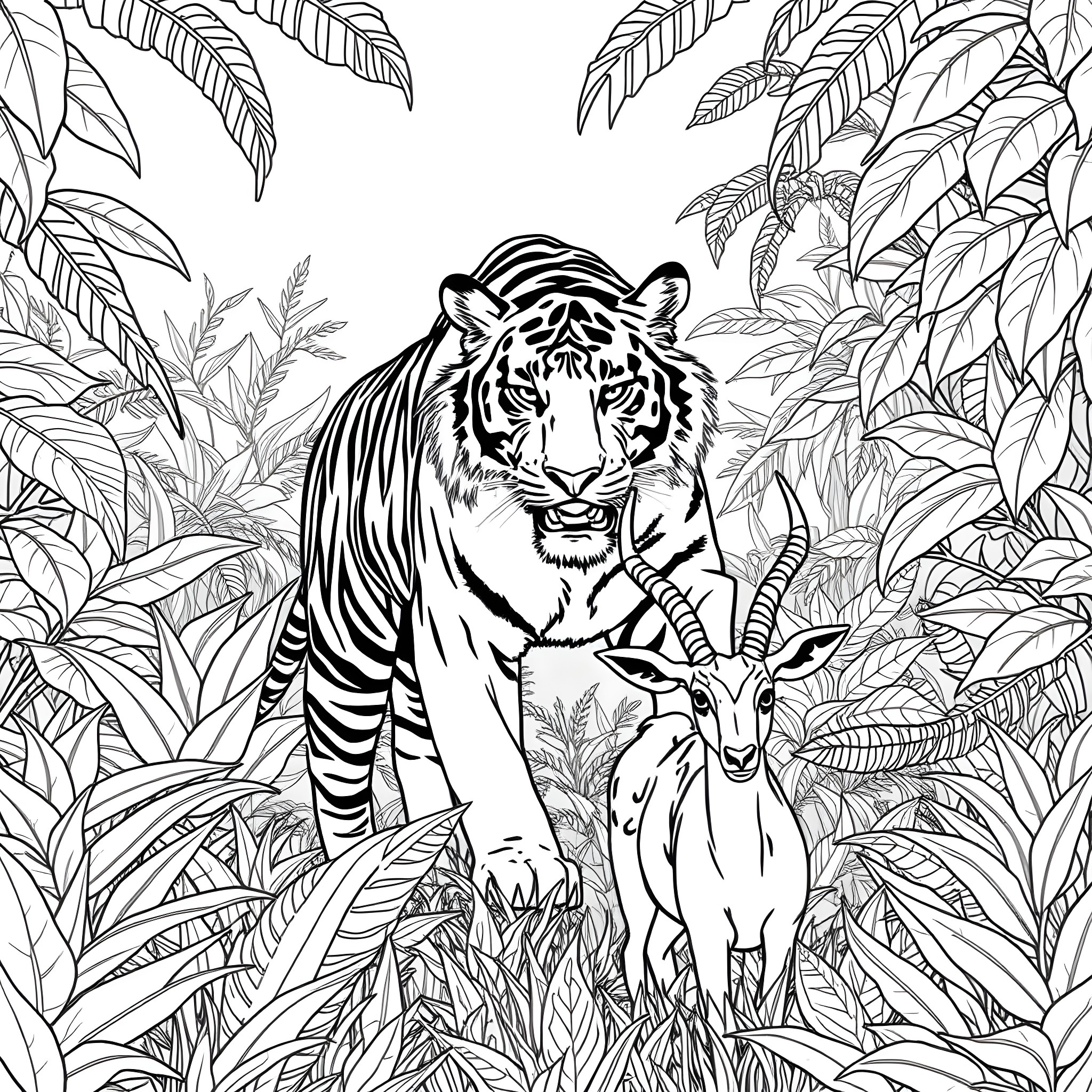 Tiger in Jungle with Antelope Coloring Page (free black-and-white line drawing printable PDF for all, from beginners to advanced learners, including children, teens, adults, and seniors)