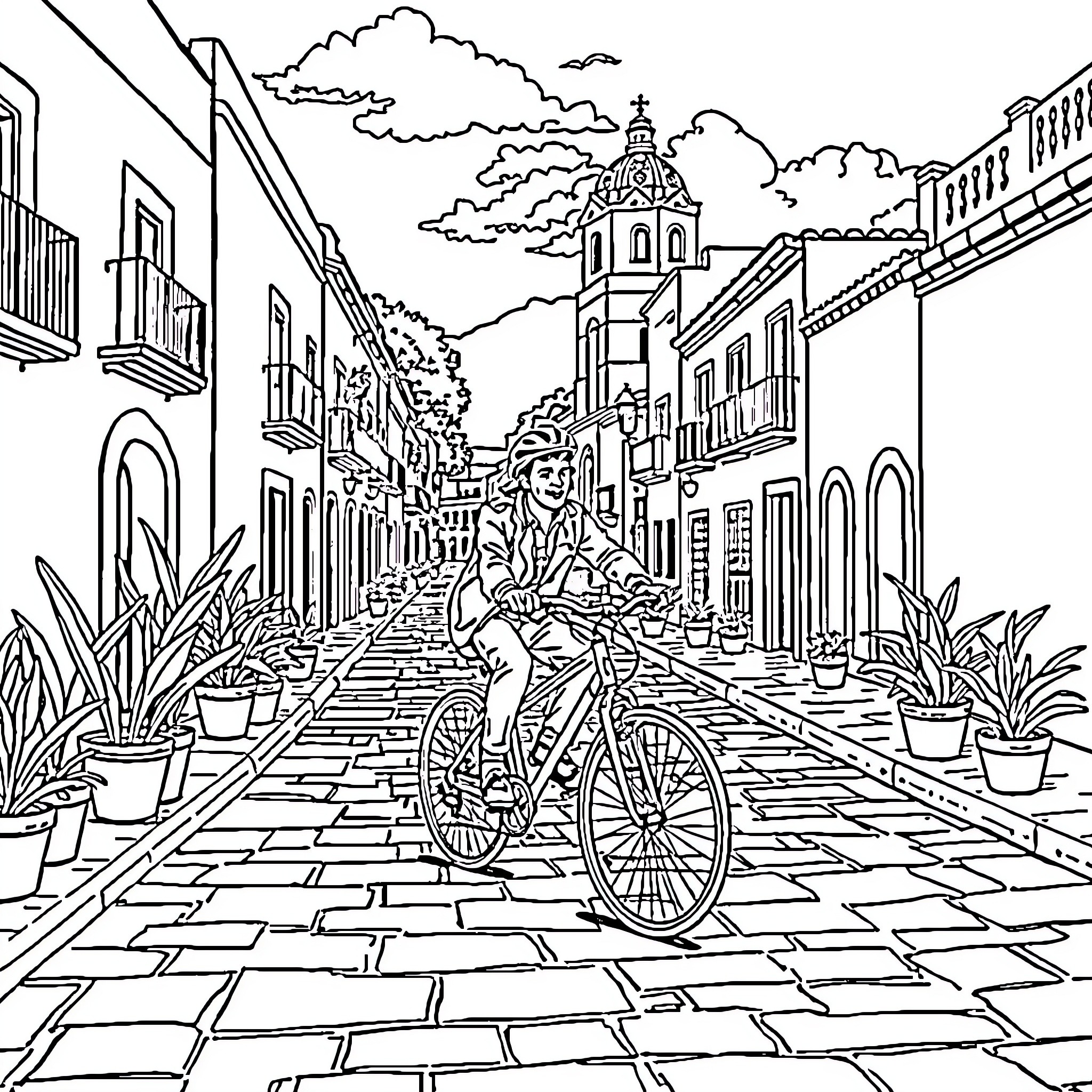 Francisco Toledo exploring a historic street on a bicycle Coloring Page (free black-and-white line drawing printable PDF for all, from beginners to advanced learners, including children, teens, adults, and seniors)