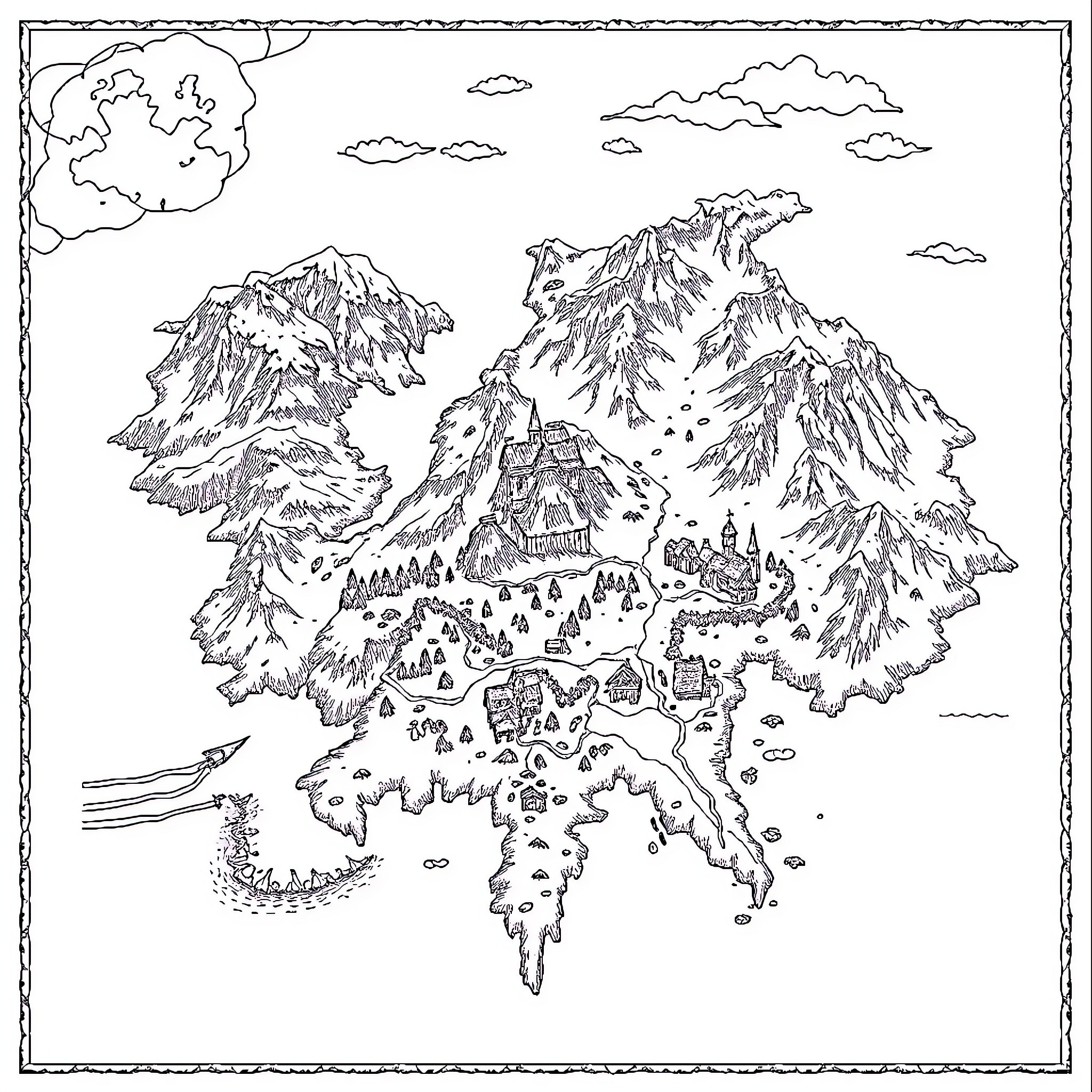 Map of a snowy fantasy landscape with mountains, villages, and a castle Coloring Page (free black-and-white line drawing printable PDF for all, from beginners to advanced learners, including children, teens, adults, and seniors)