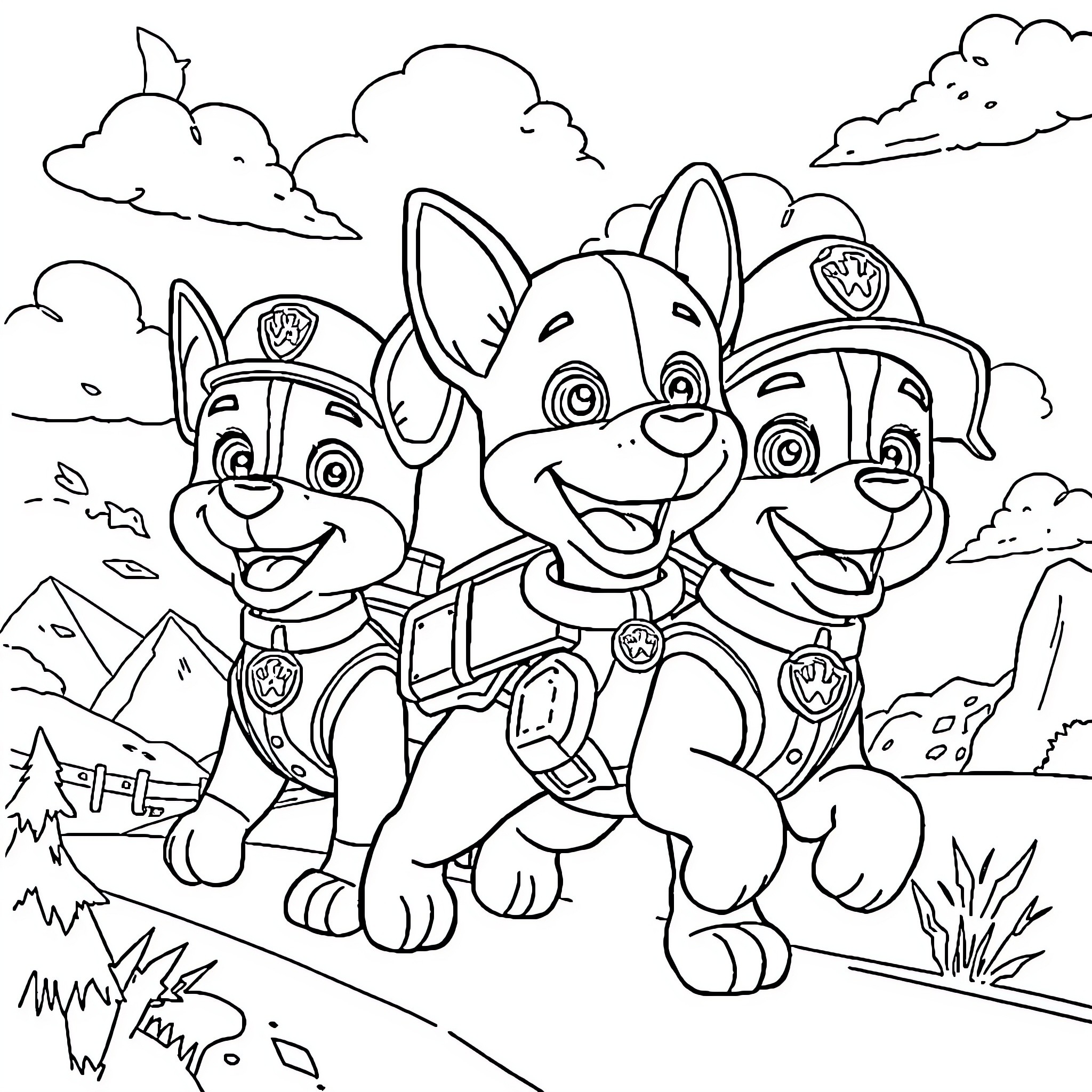 Paw Patrol Pups on an Adventure Coloring Page (free black-and-white line drawing printable PDF for all, from beginners to advanced learners, including children, teens, adults, and seniors)