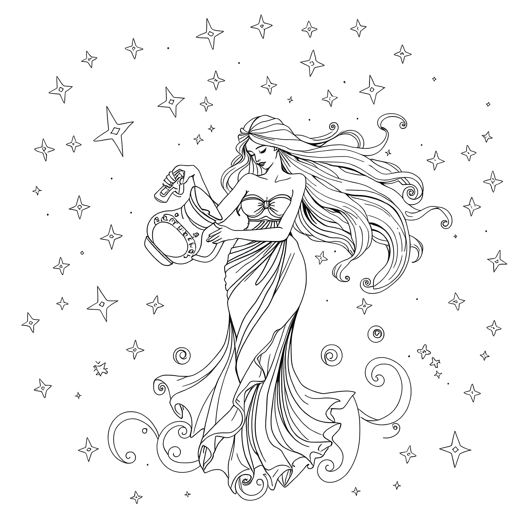 Aquarius - Celestial Maiden Holding Water Jug Among Stars Coloring Page (free black-and-white line drawing printable PDF for all, from beginners to advanced learners, including children, teens, adults, and seniors)