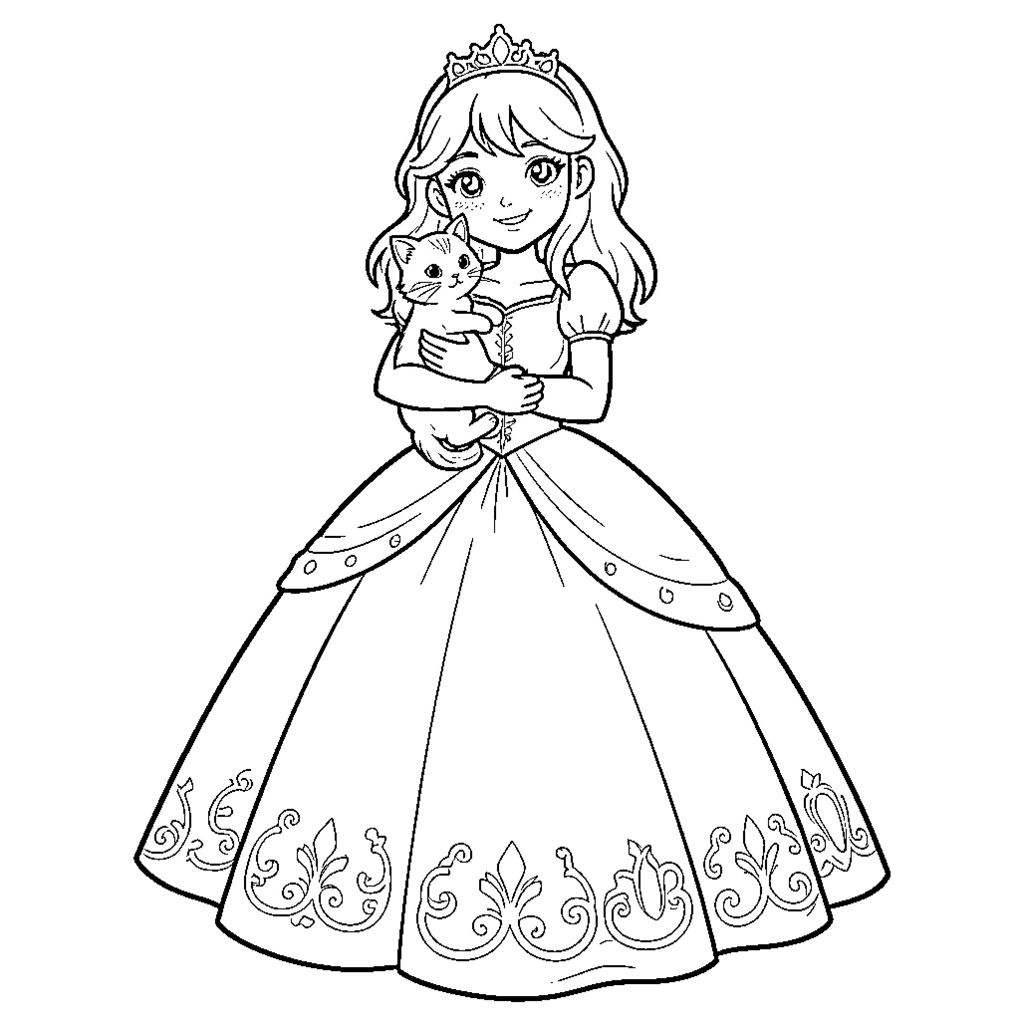 Princess wearing a crown and holding a kitten Coloring Page (free black-and-white line drawing printable PDF for all, from beginners to advanced learners, including children, teens, adults, and seniors)