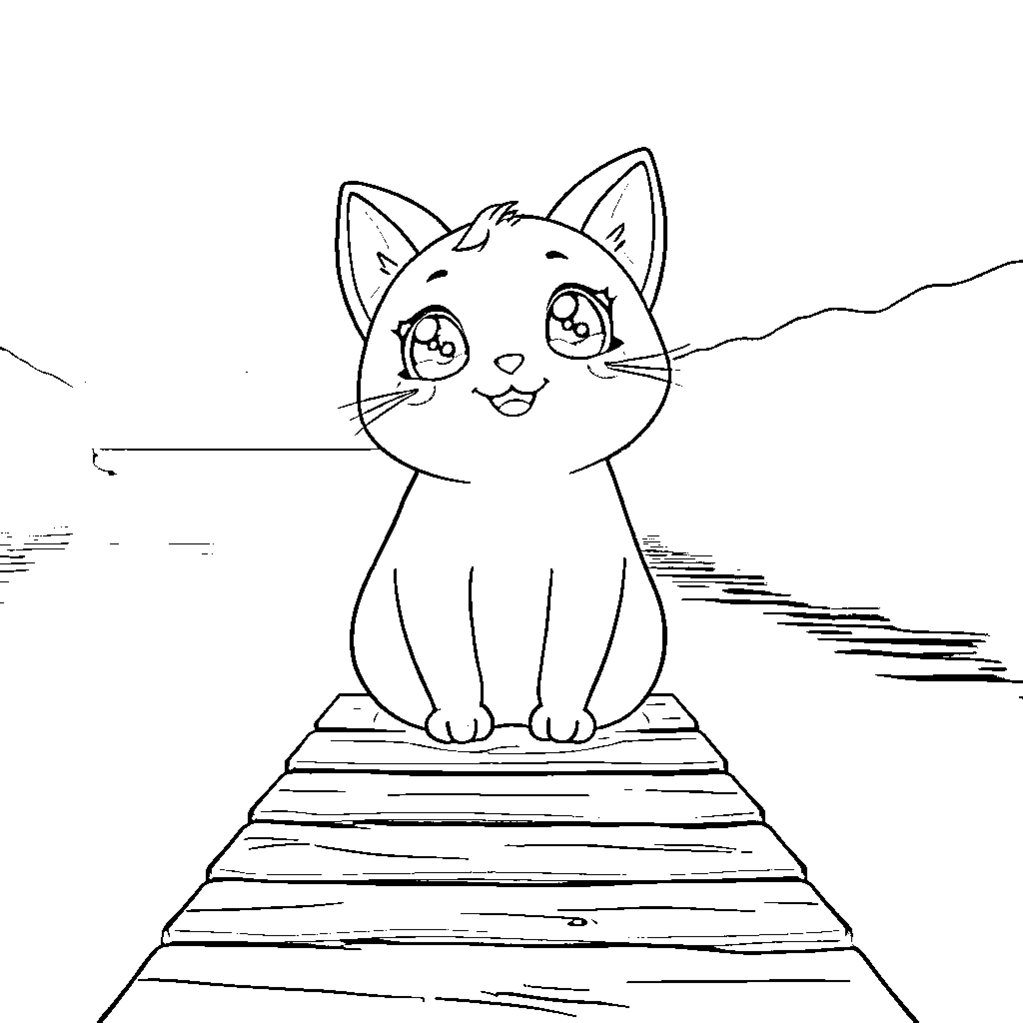 Cat sitting on a wooden dock Coloring Page (free black-and-white line drawing printable PDF for all, from beginners to advanced learners, including children, teens, adults, and seniors)