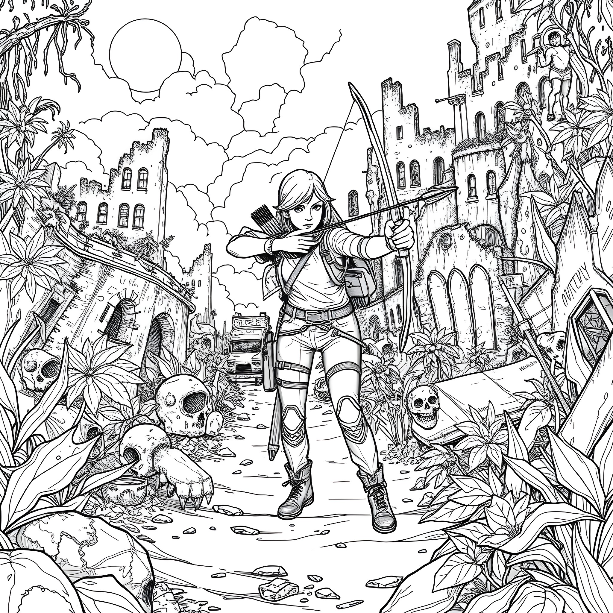 Ellie's Adventure in the Enchanted Ruins Coloring Page (free black-and-white line drawing printable PDF for all, from beginners to advanced learners, including children, teens, adults, and seniors)