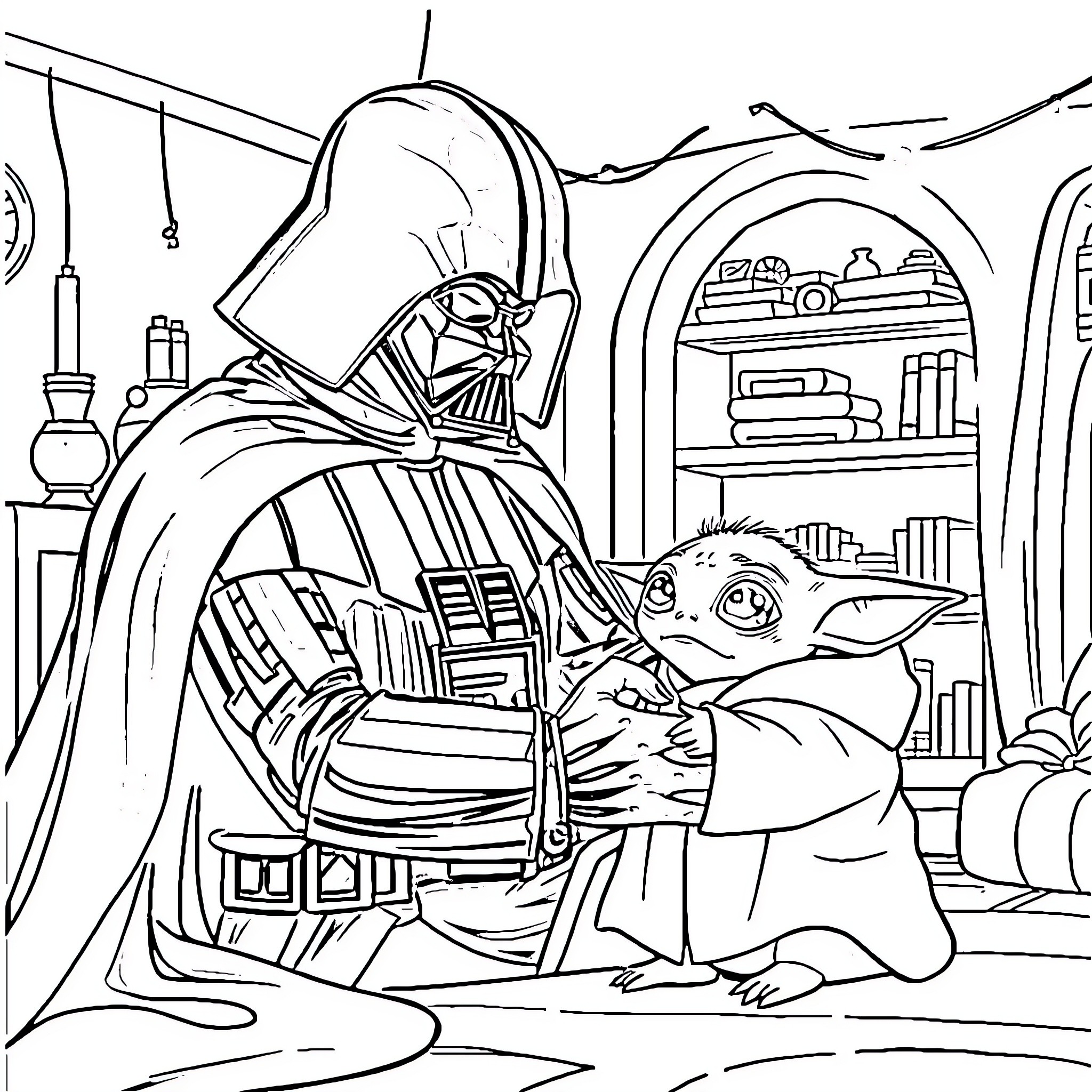 Darth Vader finds a curious companion Coloring Page (free black-and-white line drawing printable PDF for all, from beginners to advanced learners, including children, teens, adults, and seniors)