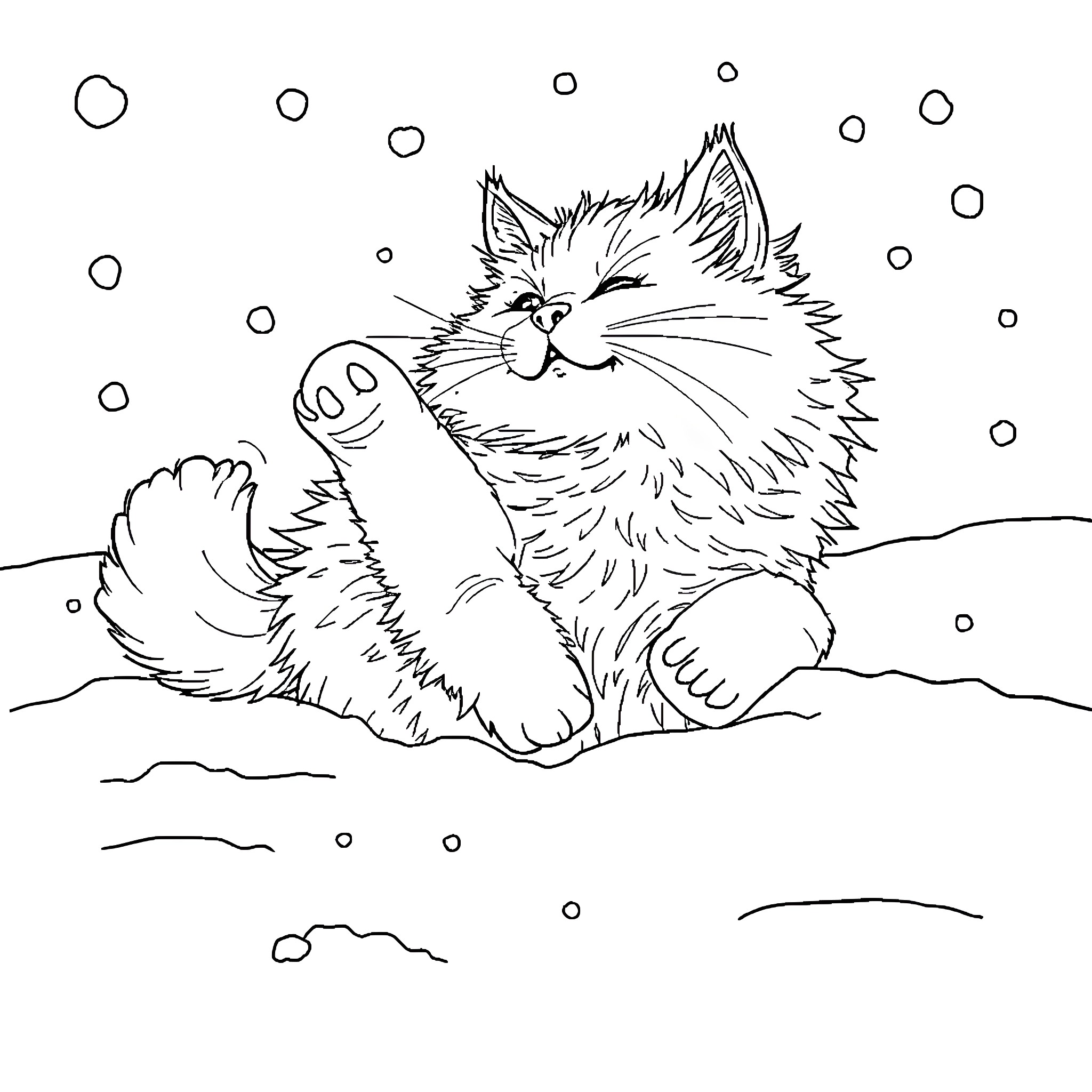 Cat playing in the snow Coloring Page (free black-and-white line drawing printable PDF for all, from beginners to advanced learners, including children, teens, adults, and seniors)