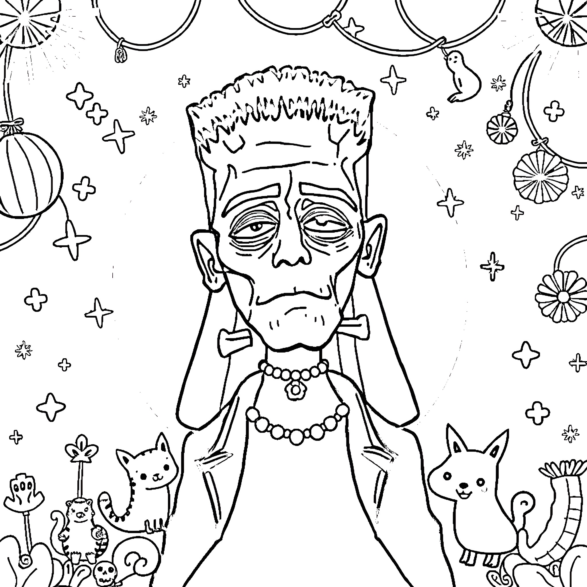 Bride of Frankenstein's Monster and Spooky Friends Coloring Page (free black-and-white line drawing printable PDF for all, from beginners to advanced learners, including children, teens, adults, and seniors)