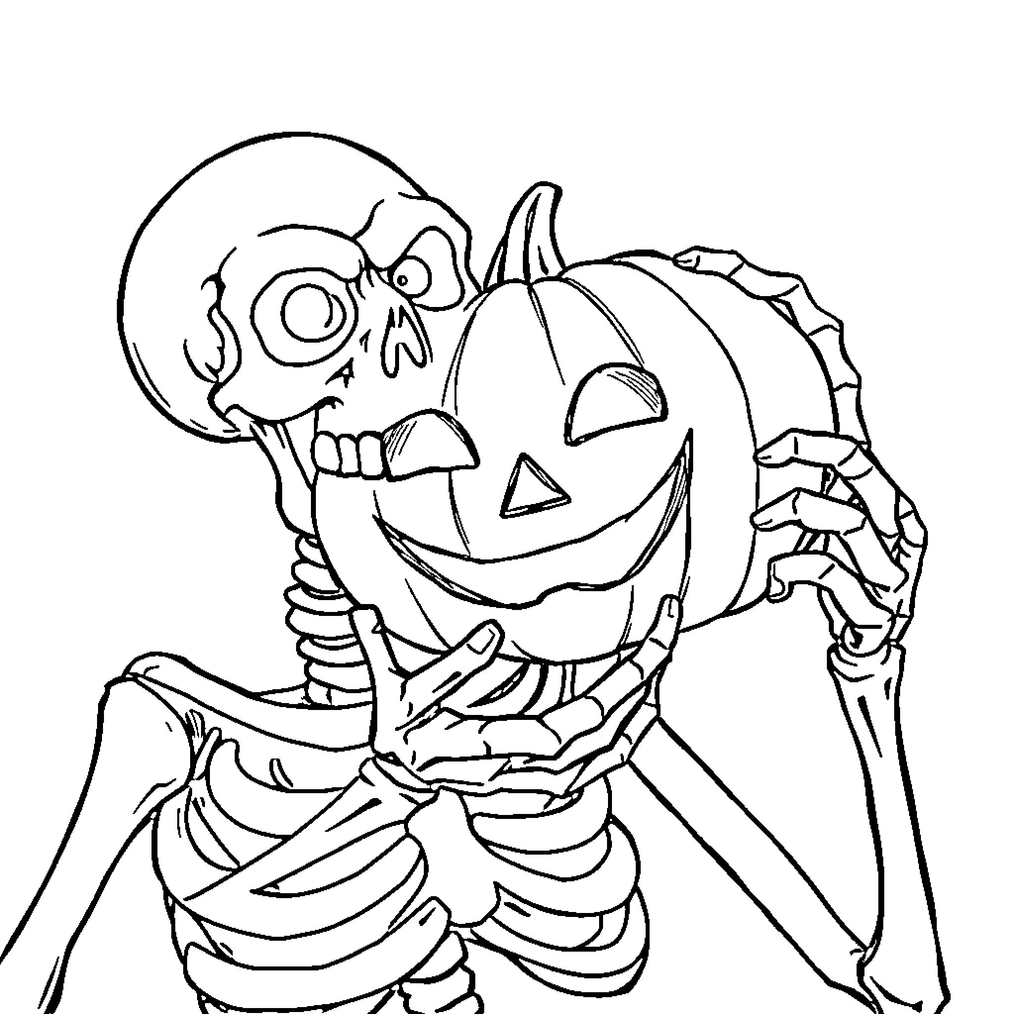Skeleton Holding Pumpkin with Grin Coloring Page (free black-and-white line drawing printable PDF for all, from beginners to advanced learners, including children, teens, adults, and seniors)