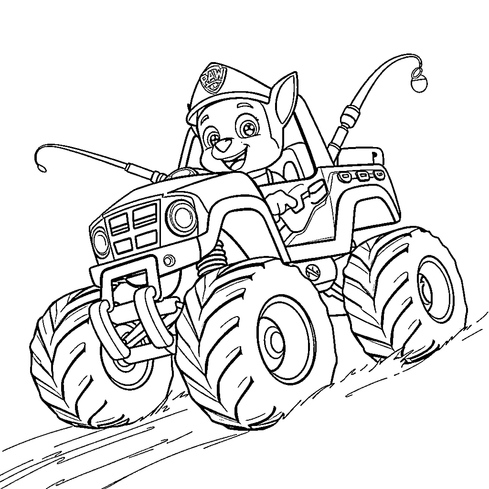 Chase Puppy Driving a Monster Truck Coloring Page (free black-and-white line drawing printable PDF for all, from beginners to advanced learners, including children, teens, adults, and seniors)