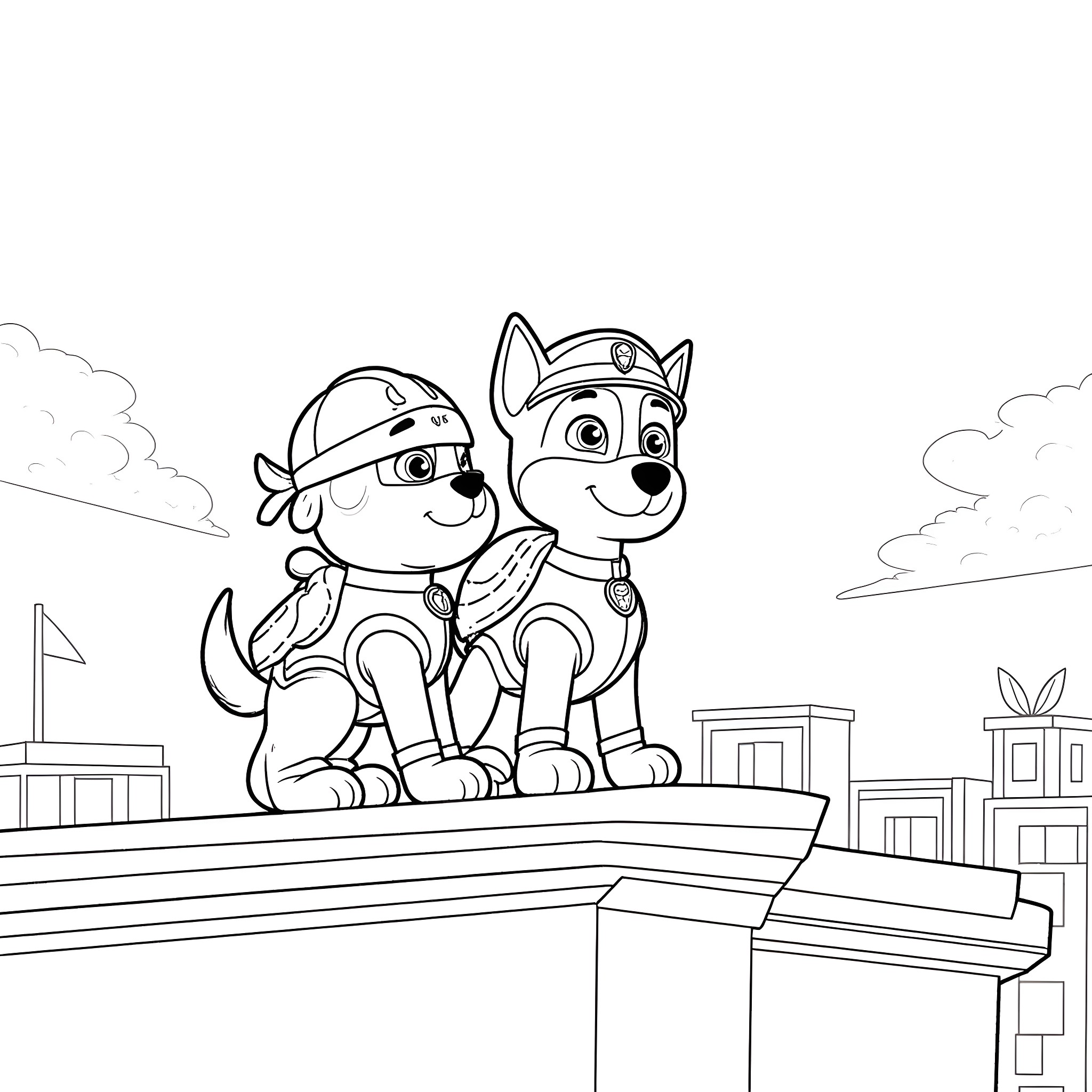 Marshall and Paw Patrol Friends on Rooftop Coloring Page (free black-and-white line drawing printable PDF for all, from beginners to advanced learners, including children, teens, adults, and seniors)