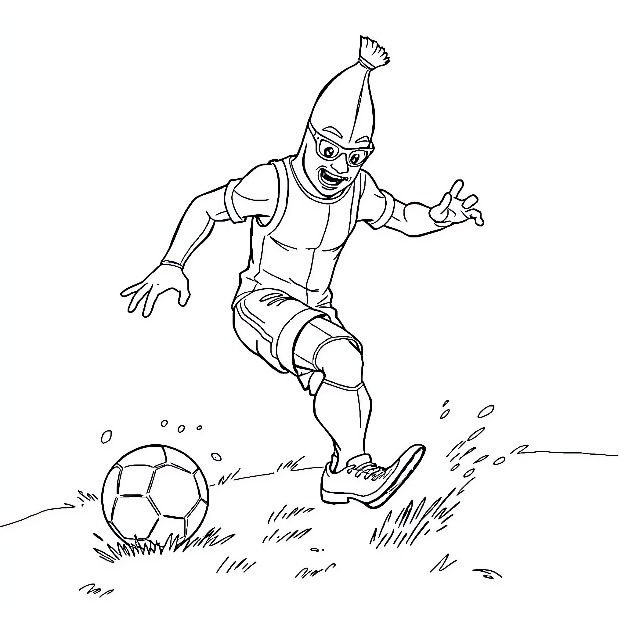 Mister Banane kicking a soccer ball energetically Coloring Page (free black-and-white line drawing printable PDF for all, from beginners to advanced learners, including children, teens, adults, and seniors)