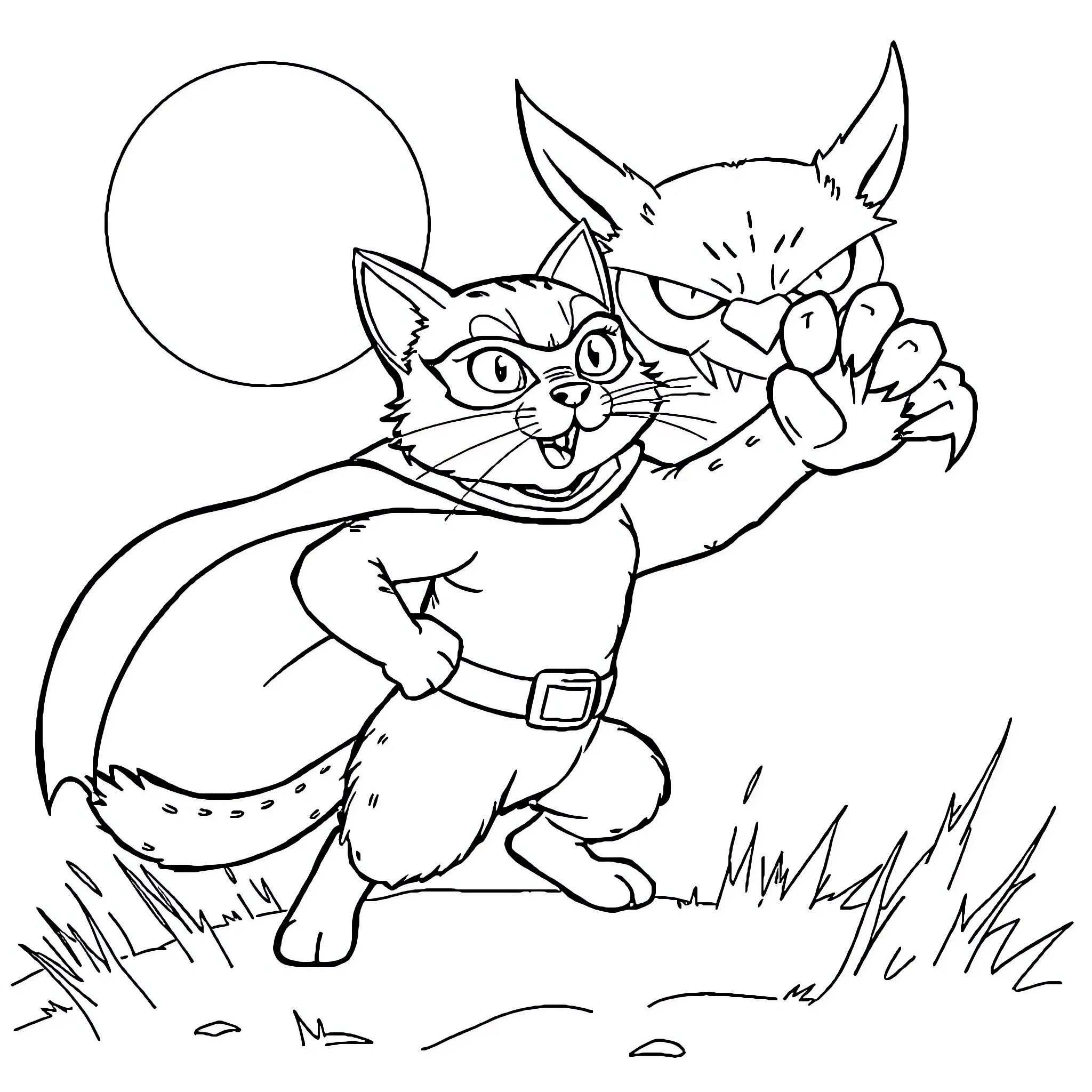Cat heroically defending against a monster Coloring Page (free black-and-white line drawing printable PDF for all, from beginners to advanced learners, including children, teens, adults, and seniors)