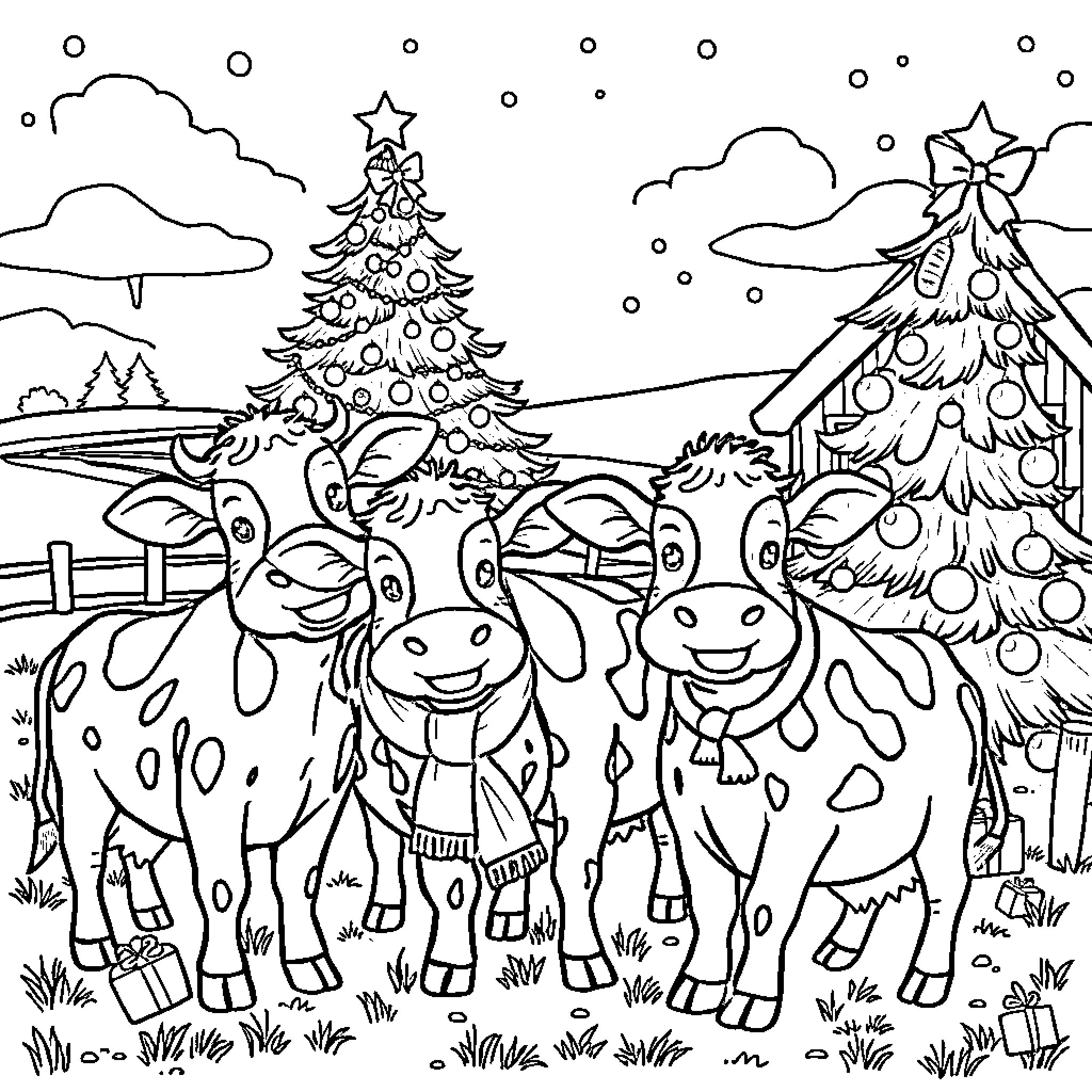 Cow friends enjoying winter wonderland near Christmas trees Coloring Page (free black-and-white line drawing printable PDF for all, from beginners to advanced learners, including children, teens, adults, and seniors)