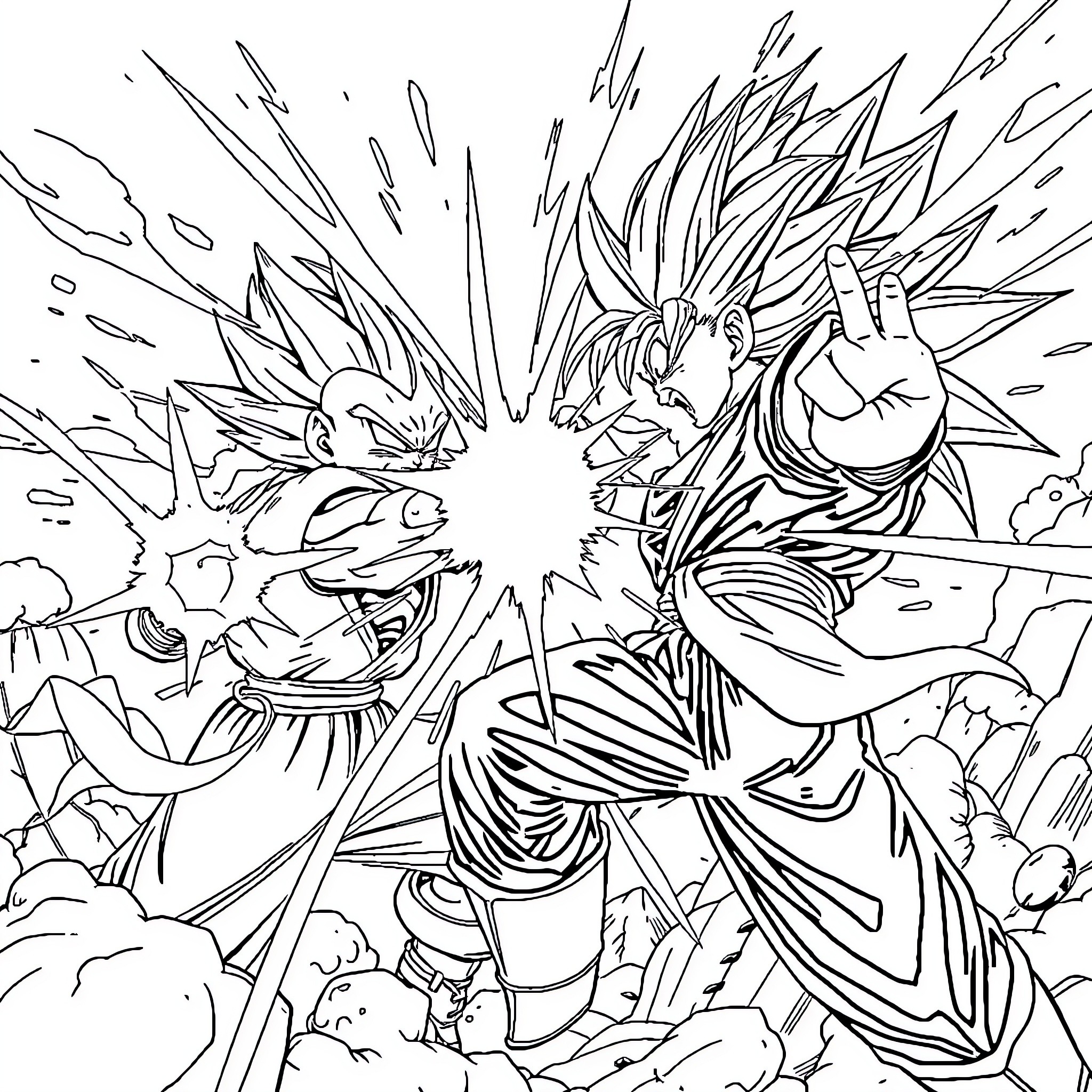 Dragon Ball Super Saiyan Battle Coloring Page (free black-and-white line drawing printable PDF for all, from beginners to advanced learners, including children, teens, adults, and seniors)