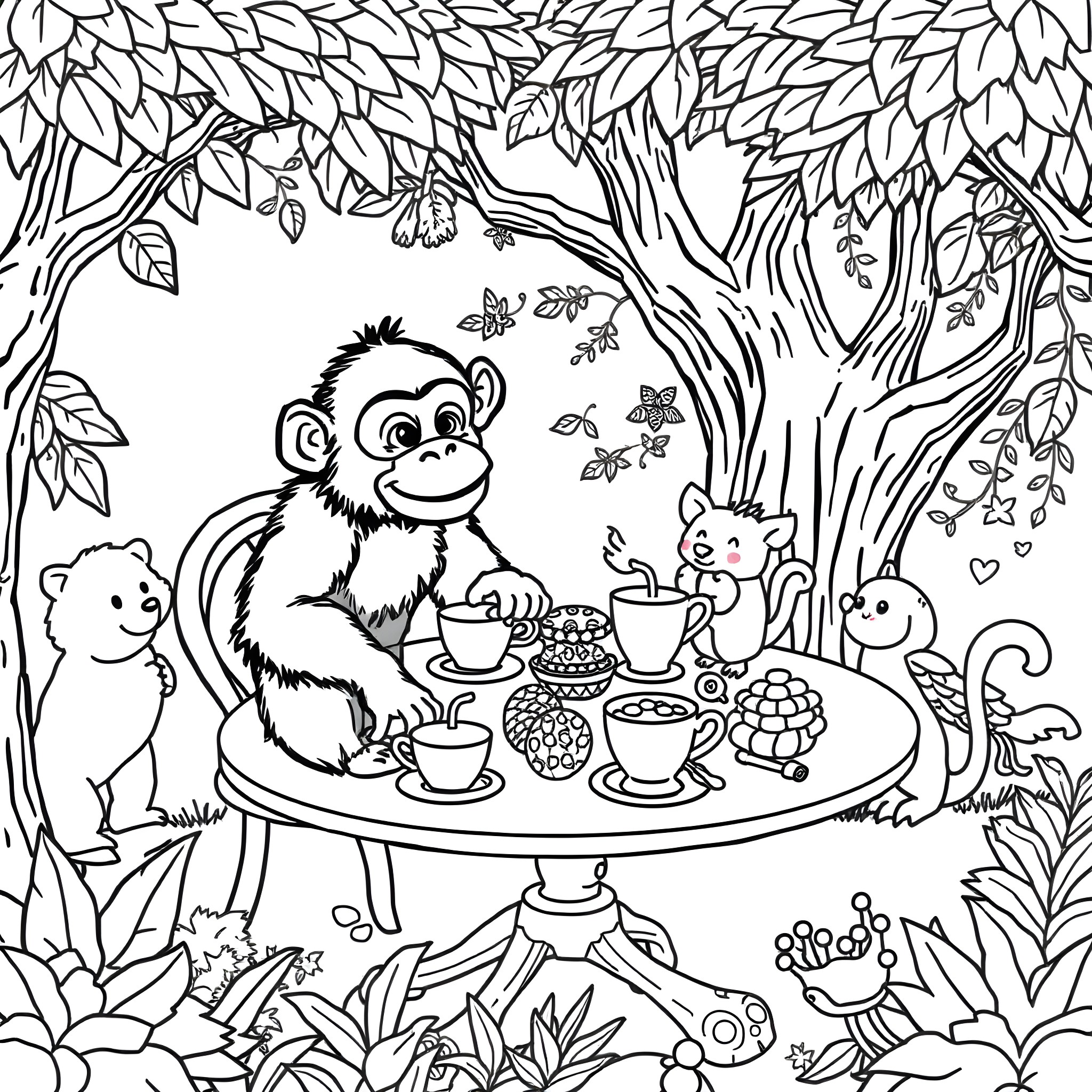 Monkey and Friends Enjoying a Tea Party in the Forest Coloring Page (free black-and-white line drawing printable PDF for all, from beginners to advanced learners, including children, teens, adults, and seniors)