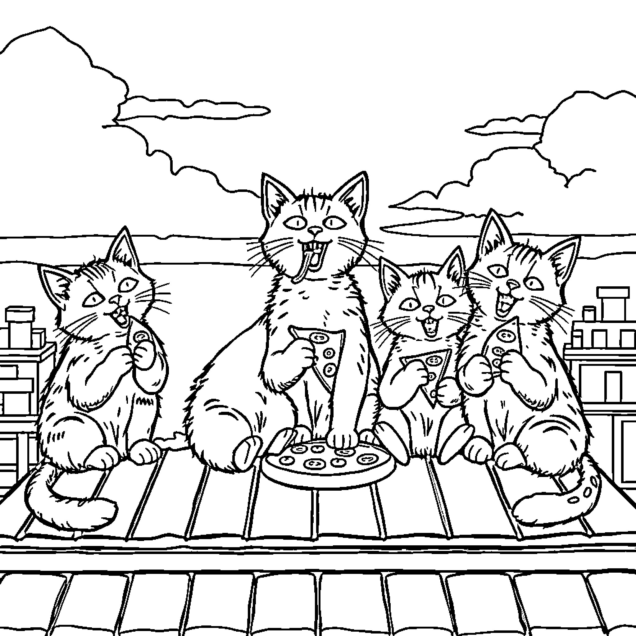 Cats playing on a musical instrument Coloring Page (free black-and-white line drawing printable PDF for all, from beginners to advanced learners, including children, teens, adults, and seniors)
