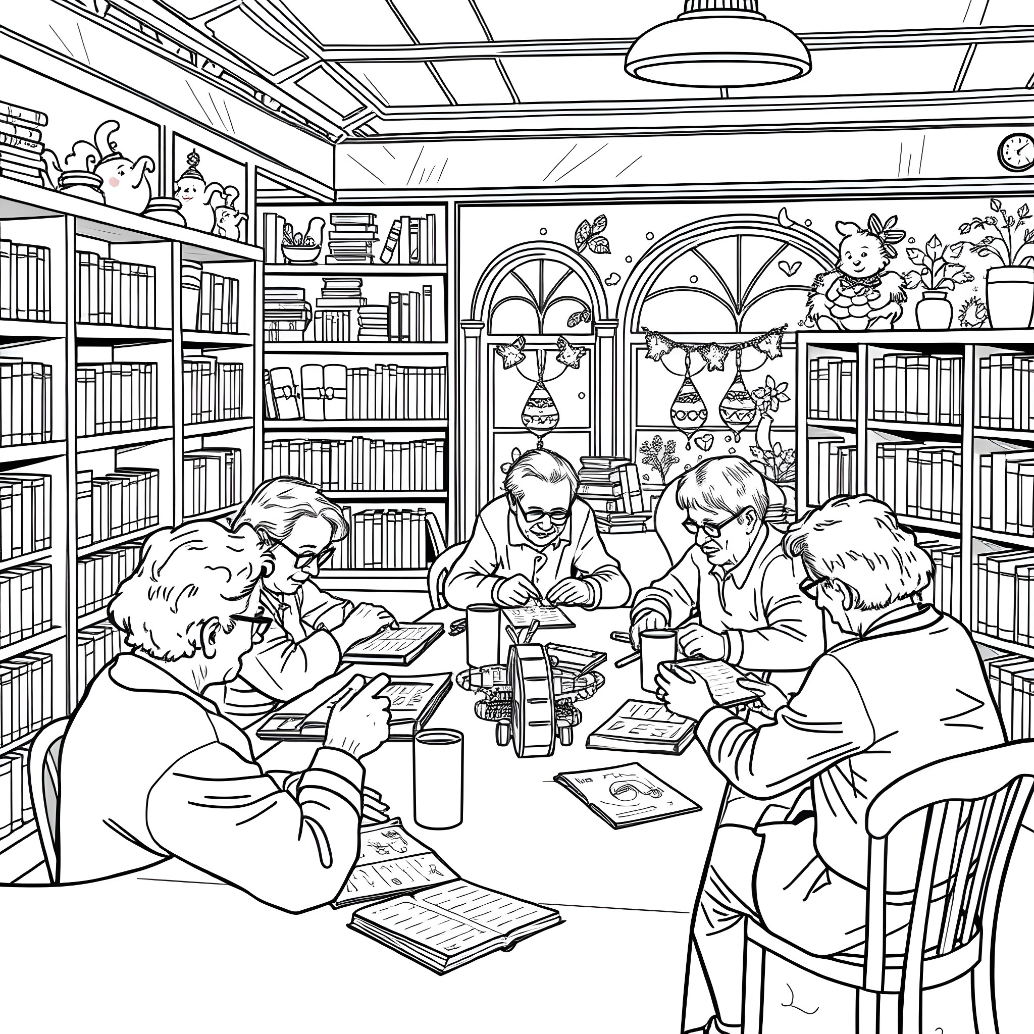 Senior Citizens Studying Together in a Cozy Library Coloring Page (free black-and-white line drawing printable PDF for all, from beginners to advanced learners, including children, teens, adults, and seniors)