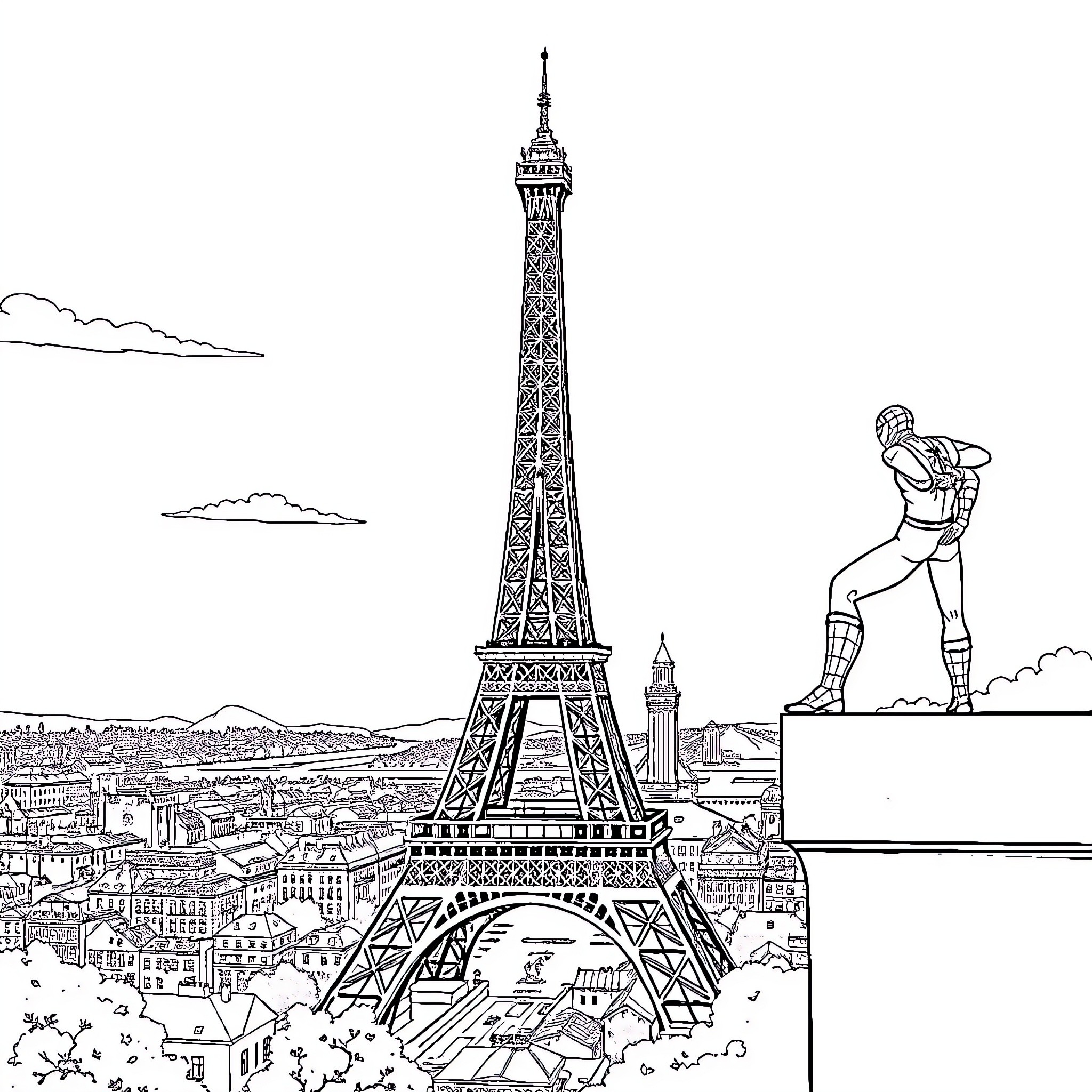 Spiderman swinging over the Eiffel Tower in Paris Coloring Page (free black-and-white line drawing printable PDF for all, from beginners to advanced learners, including children, teens, adults, and seniors)