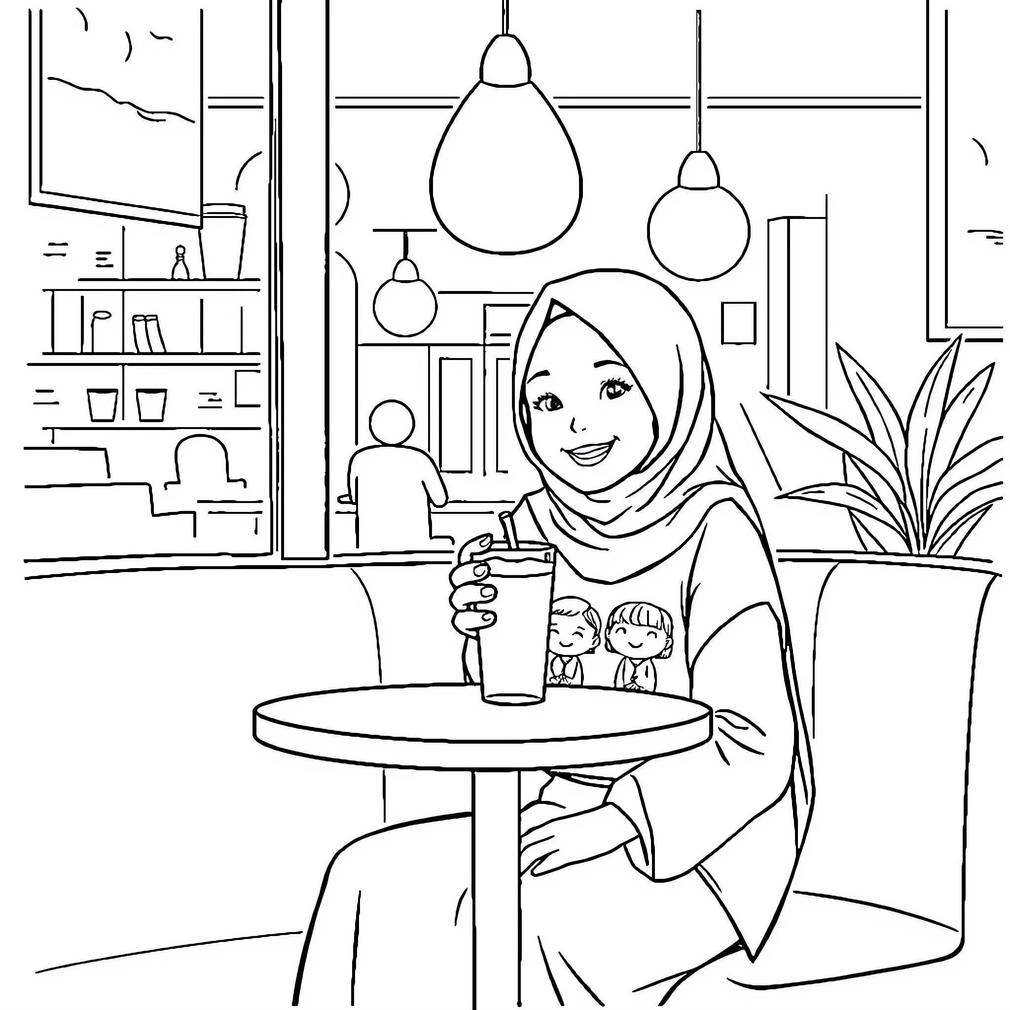 Girl enjoying a refreshing drink in a cozy cafe Coloring Page (free black-and-white line drawing printable PDF for all, from beginners to advanced learners, including children, teens, adults, and seniors)