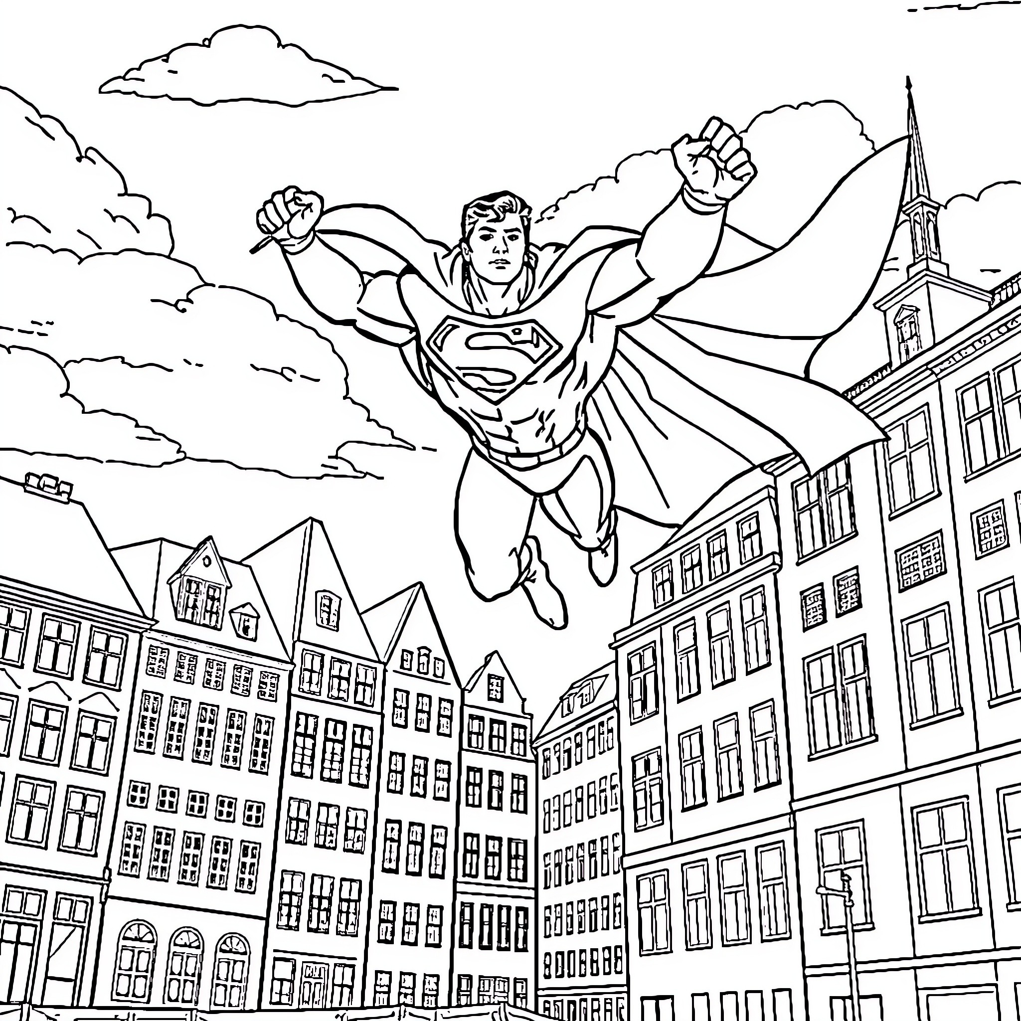 Superman soaring over the city skyline Coloring Page (free black-and-white line drawing printable PDF for all, from beginners to advanced learners, including children, teens, adults, and seniors)