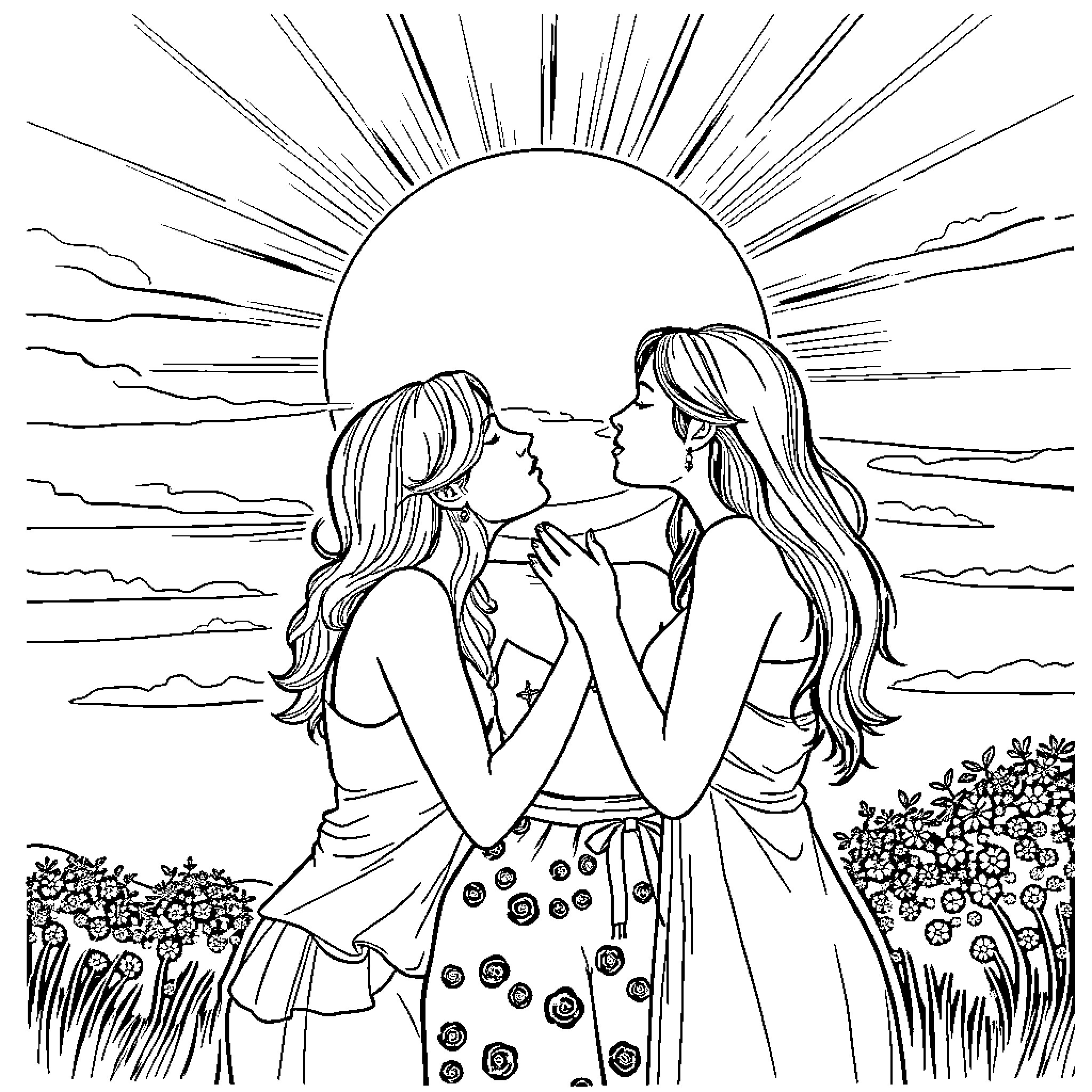 Woman embracing in serene sunset landscape Coloring Page (free black-and-white line drawing printable PDF for all, from beginners to advanced learners, including children, teens, adults, and seniors)