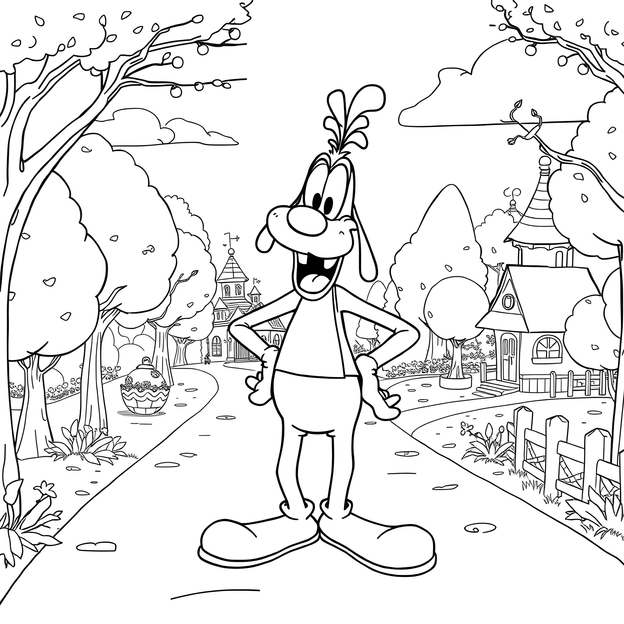 Goofy character in a whimsical town scene Coloring Page (free black-and-white line drawing printable PDF for all, from beginners to advanced learners, including children, teens, adults, and seniors)