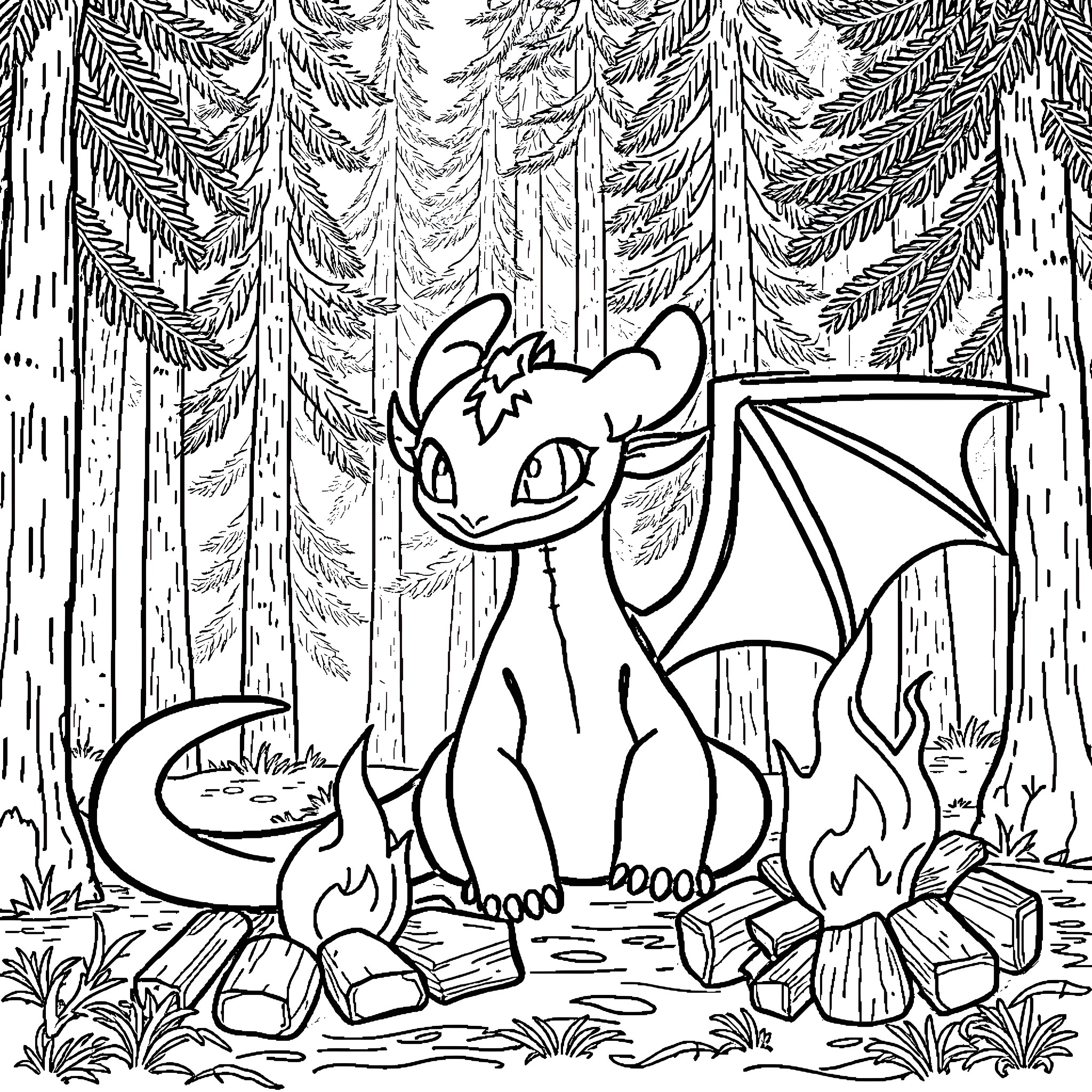 Toothless dragon enjoying a cozy forest scene Coloring Page (free black-and-white line drawing printable PDF for all, from beginners to advanced learners, including children, teens, adults, and seniors)