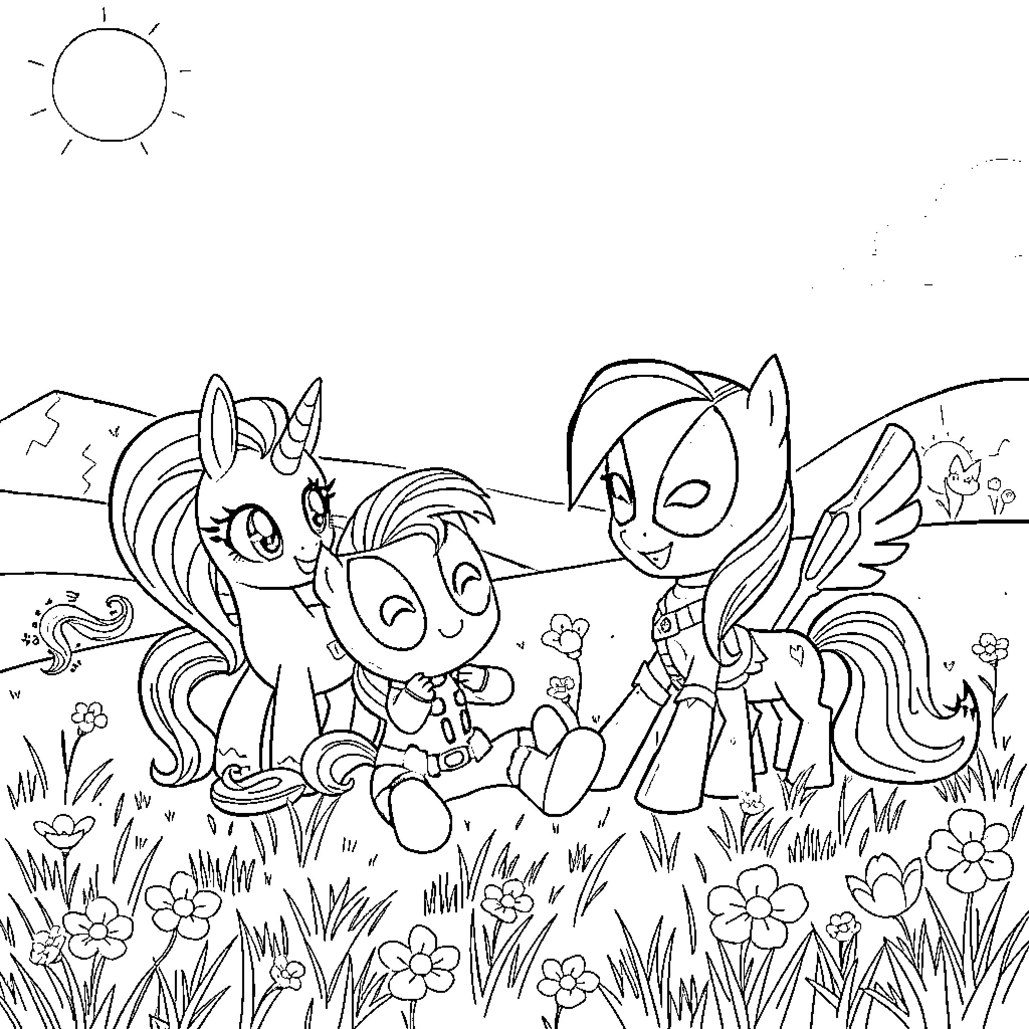 Deadpool Hangs Out with Cartoon Ponies in the Meadow Coloring Page (free black-and-white line drawing printable PDF for all, from beginners to advanced learners, including children, teens, adults, and seniors)