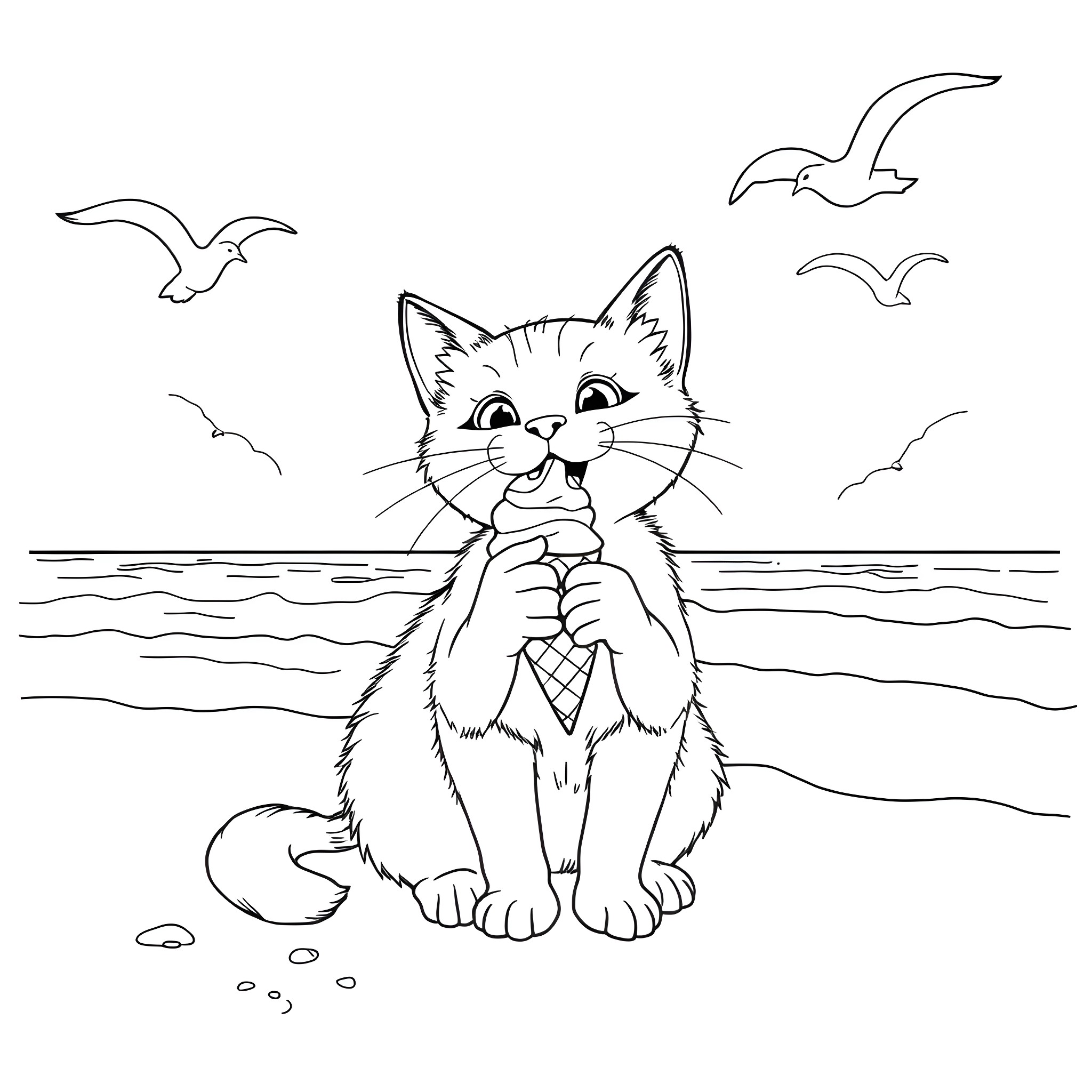 Cat playing by the sea with birds Coloring Page (free black-and-white line drawing printable PDF for all, from beginners to advanced learners, including children, teens, adults, and seniors)