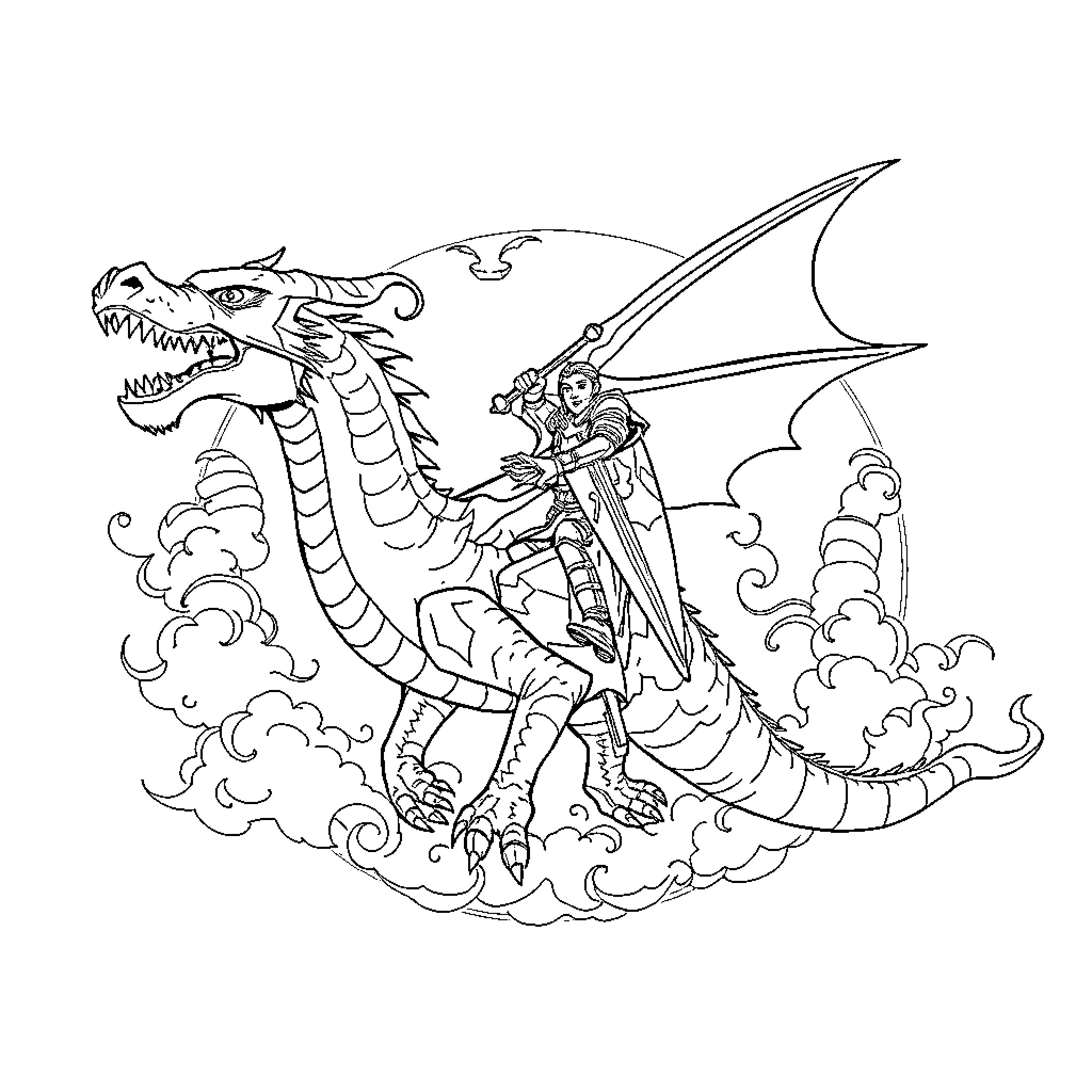 Knight battling a fierce dragon in the clouds Coloring Page (free black-and-white line drawing printable PDF for all, from beginners to advanced learners, including children, teens, adults, and seniors)