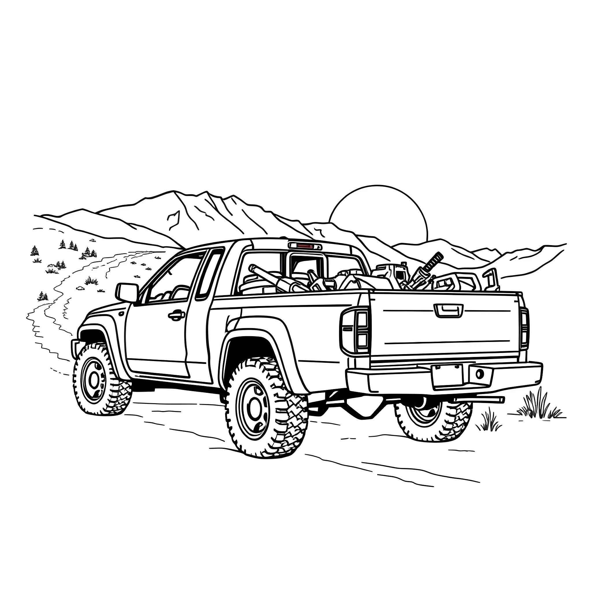 Pickup truck navigating rugged mountain terrain Coloring Page (free black-and-white line drawing printable PDF for all, from beginners to advanced learners, including children, teens, adults, and seniors)