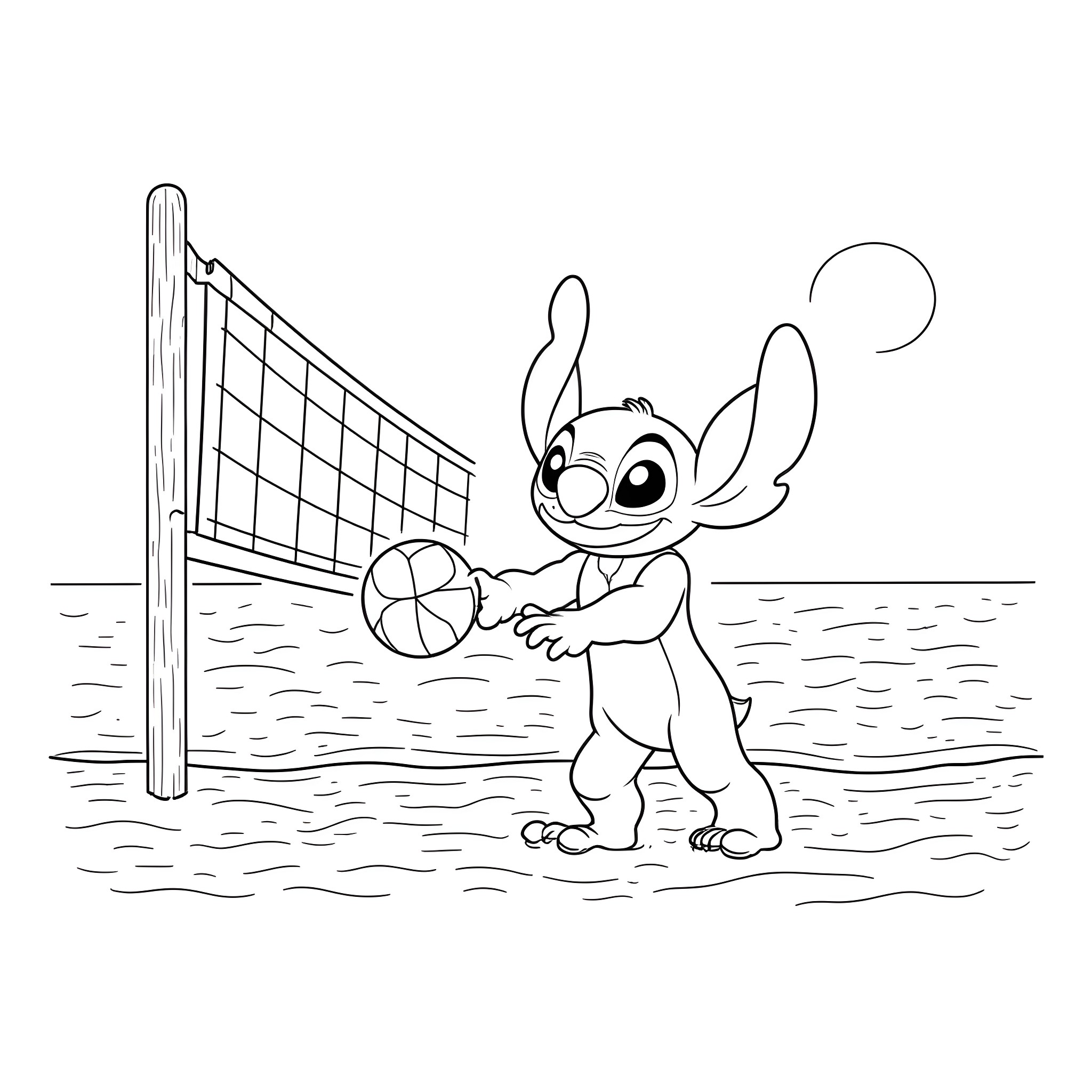 Lilo playing volleyball happily on the beach Coloring Page (free black-and-white line drawing printable PDF for all, from beginners to advanced learners, including children, teens, adults, and seniors)
