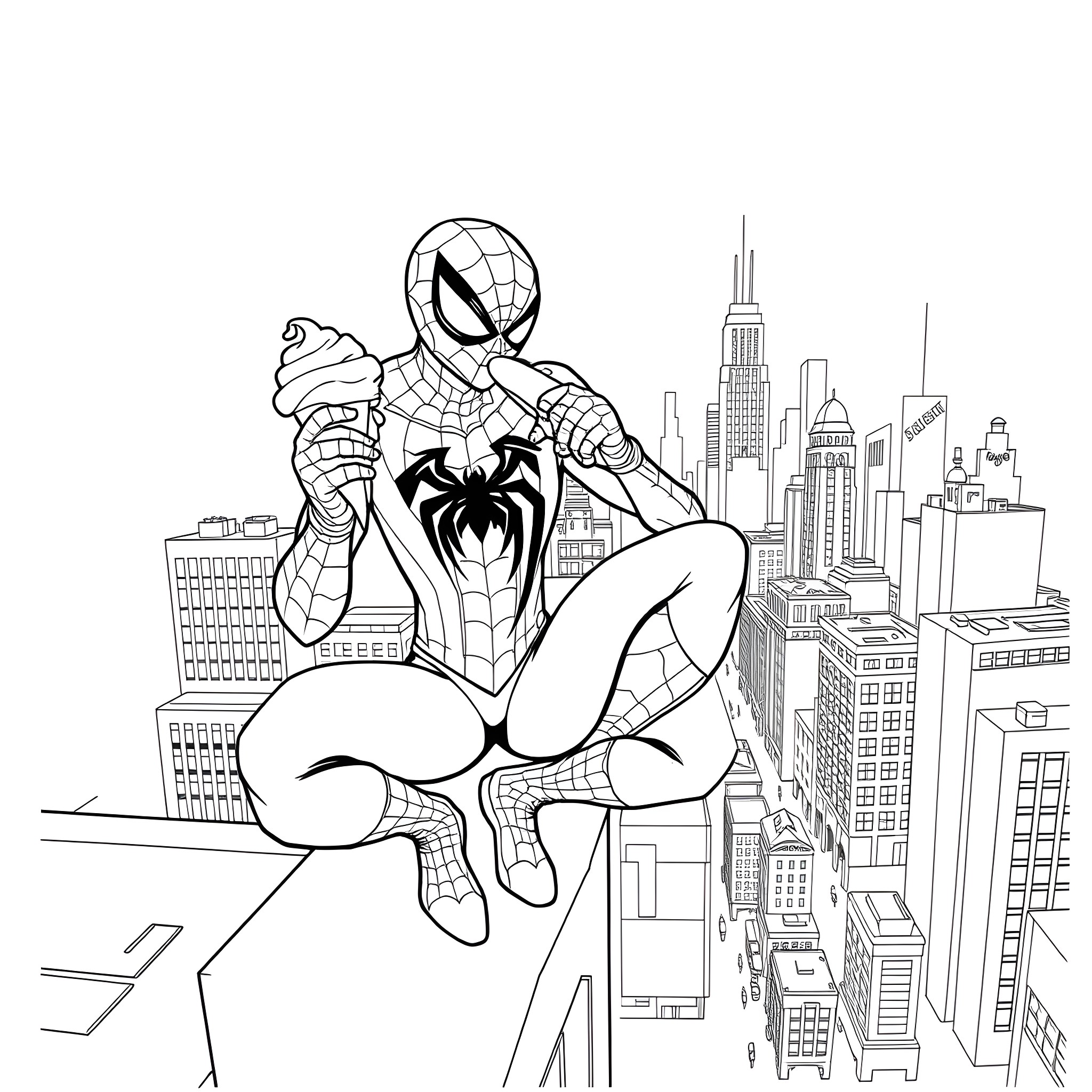 Spider-Man swinging through the city skyline Coloring Page (free black-and-white line drawing printable PDF for all, from beginners to advanced learners, including children, teens, adults, and seniors)
