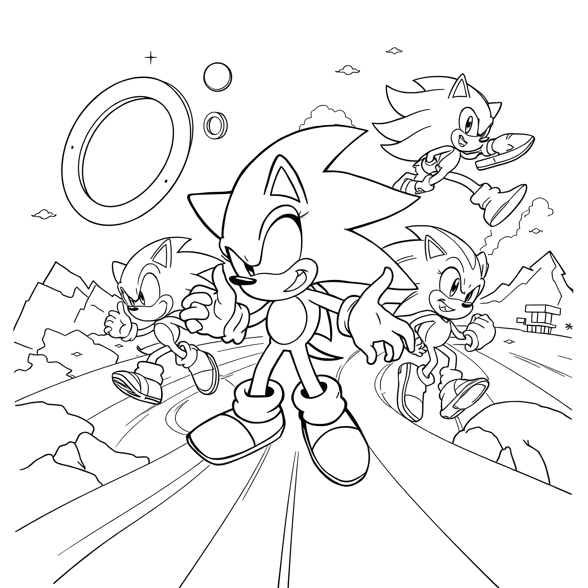 Sonic and friends in an adventurous scene Coloring Page (free black-and-white line drawing printable PDF for all, from beginners to advanced learners, including children, teens, adults, and seniors)