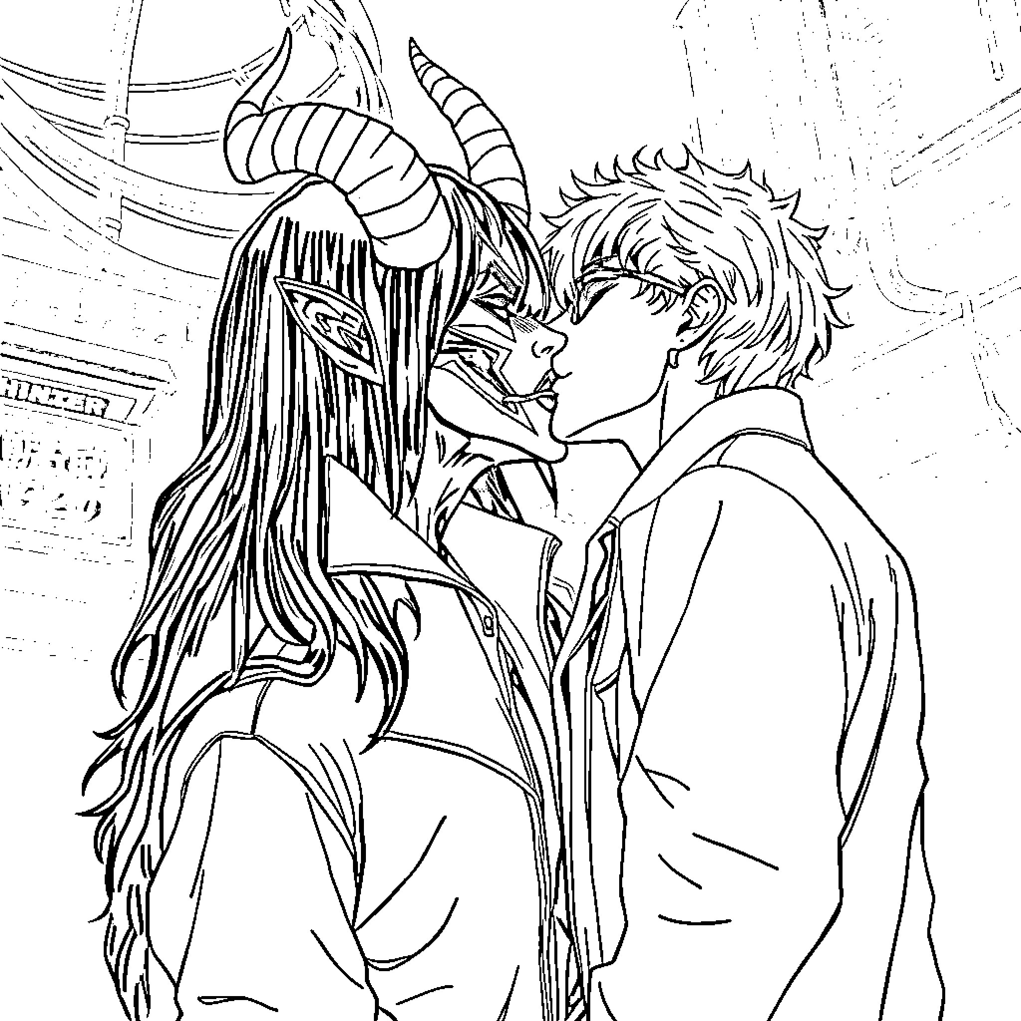 Demon Hunter's Intimate Encounter Coloring Page (free black-and-white line drawing printable PDF for all, from beginners to advanced learners, including children, teens, adults, and seniors)