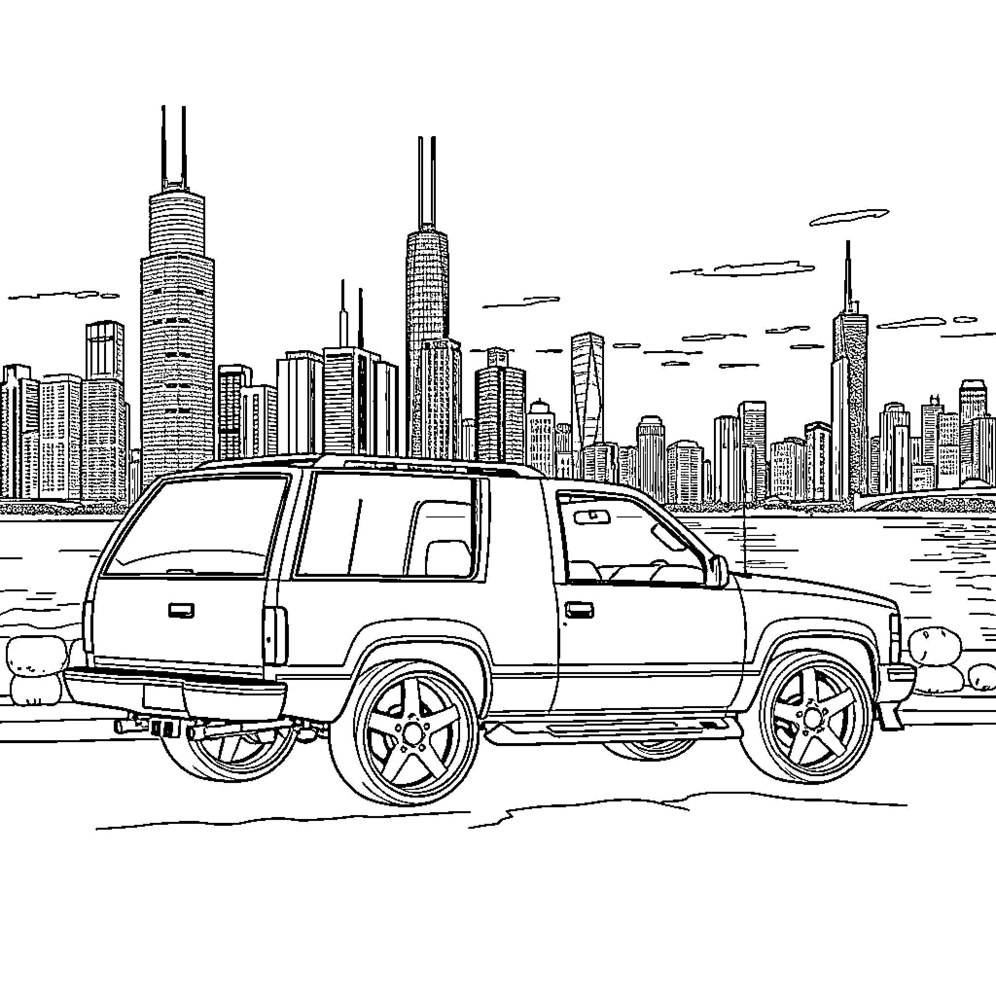 Yukon SUV driving through the Yukon cityscape Coloring Page (free black-and-white line drawing printable PDF for all, from beginners to advanced learners, including children, teens, adults, and seniors)