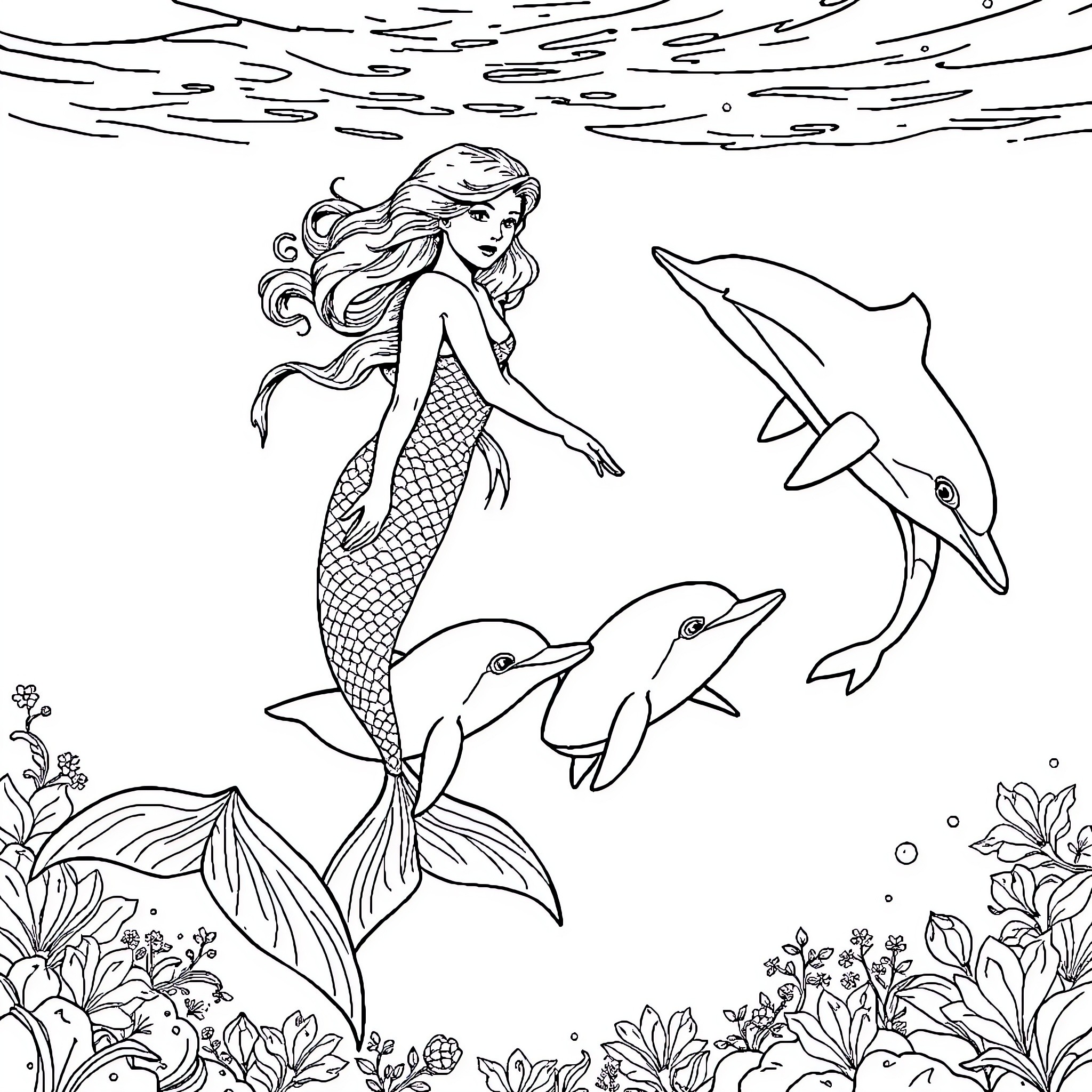 Mermaid swimming with dolphins in the ocean Coloring Page (free black-and-white line drawing printable PDF for all, from beginners to advanced learners, including children, teens, adults, and seniors)
