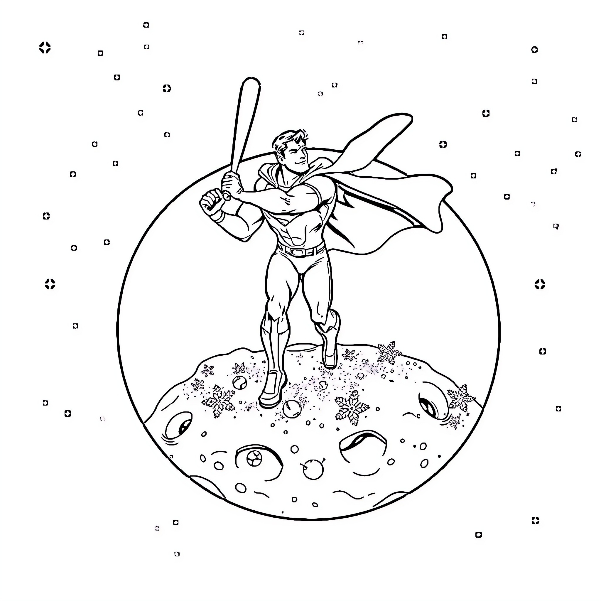 Superman flying heroically through a winter wonderland Coloring Page (free black-and-white line drawing printable PDF for all, from beginners to advanced learners, including children, teens, adults, and seniors)