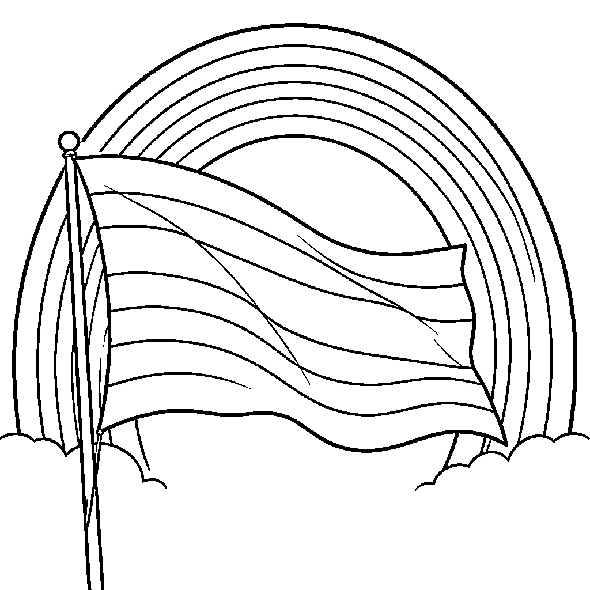 Pride Flag waving proudly against a large rainbow Coloring Page (free black-and-white line drawing printable PDF for all, from beginners to advanced learners, including children, teens, adults, and seniors)