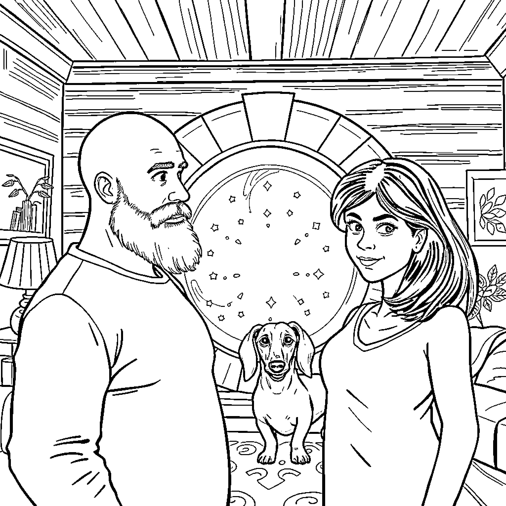 Man and woman with pet dog in rustic cabin Coloring Page (free black-and-white line drawing printable PDF for all, from beginners to advanced learners, including children, teens, adults, and seniors)