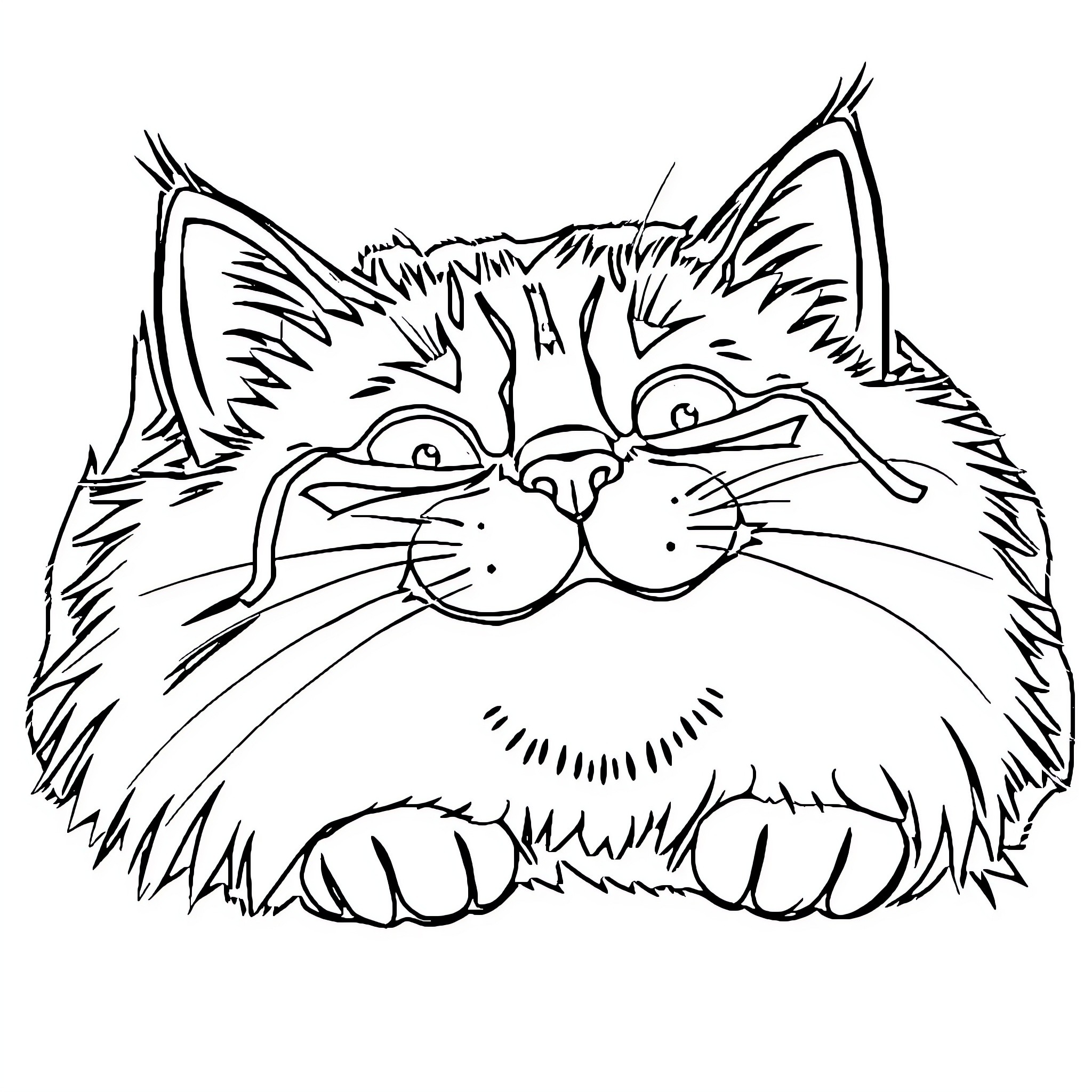 Cat with Expressive Face Coloring Page (free black-and-white line drawing printable PDF for all, from beginners to advanced learners, including children, teens, adults, and seniors)